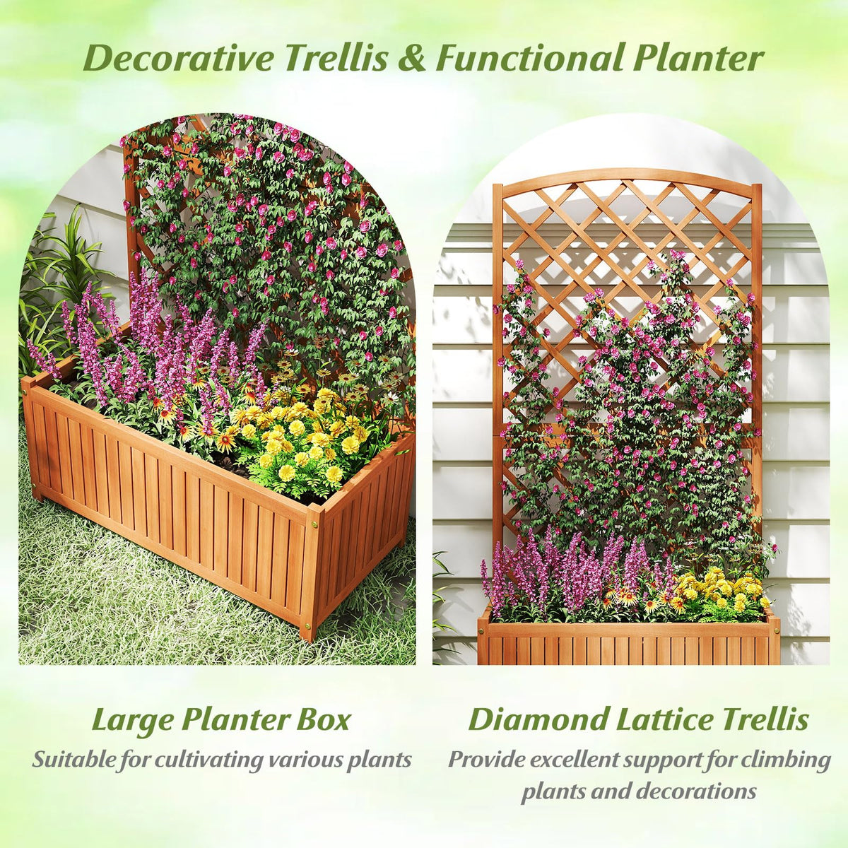 Lucktree Solid Acacia Wood Planter Box with Trellis 63" Raised Garden Bed with Trellis