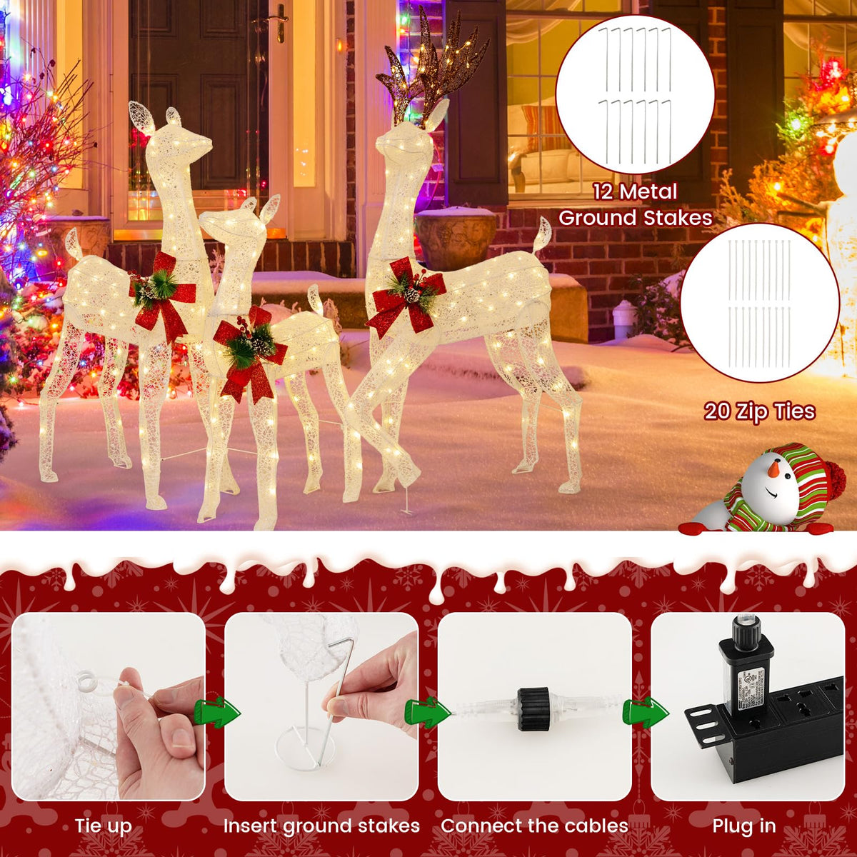 Lucktree 3 Pieces Lighted Christmas Reindeer Family, Xmas Lighted Deer Decoration with 230 Warm White LED Lights