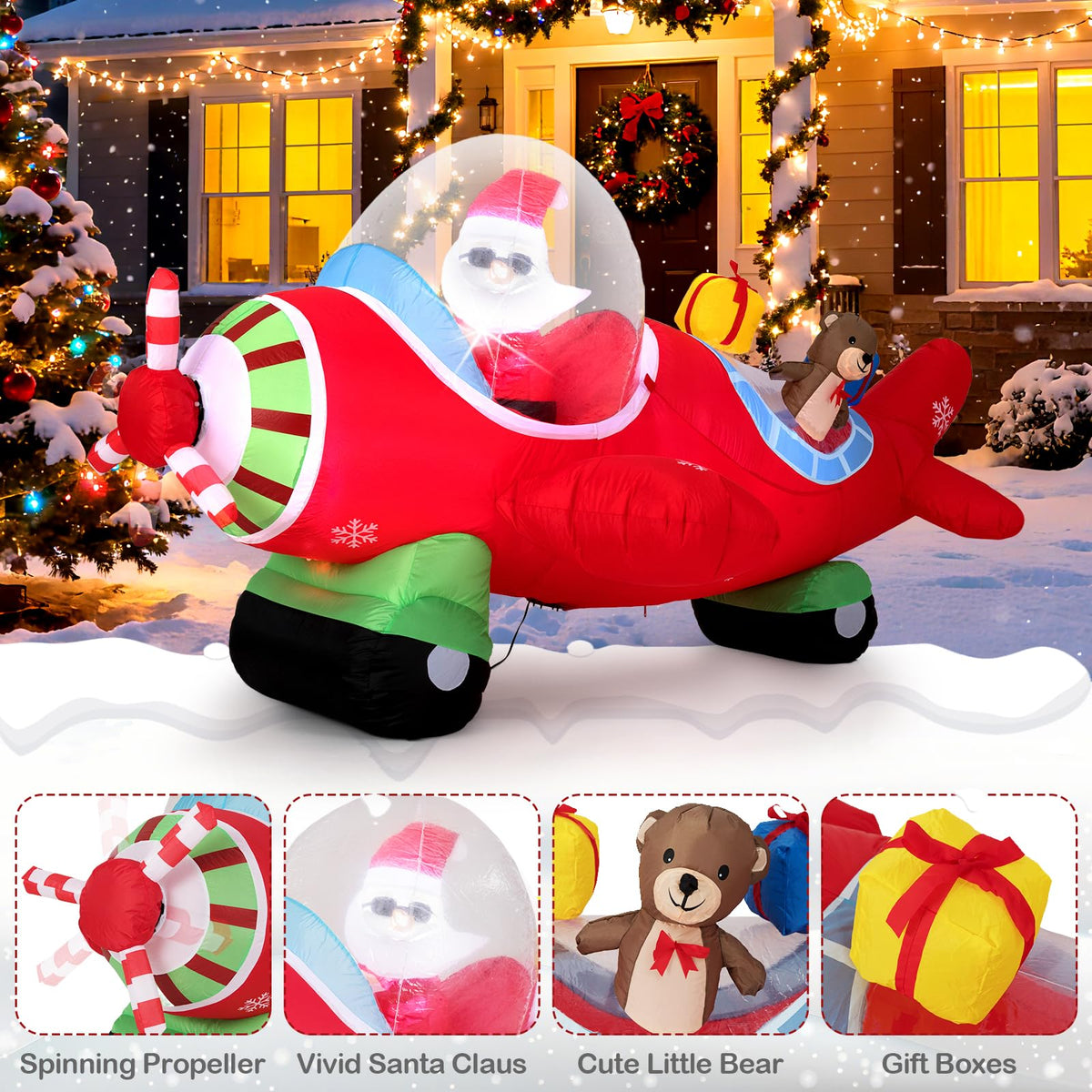 Lucktree 7.2 Ft Animated Inflatable Santa on Plane Pre-lit Blow up Yard Decoration
