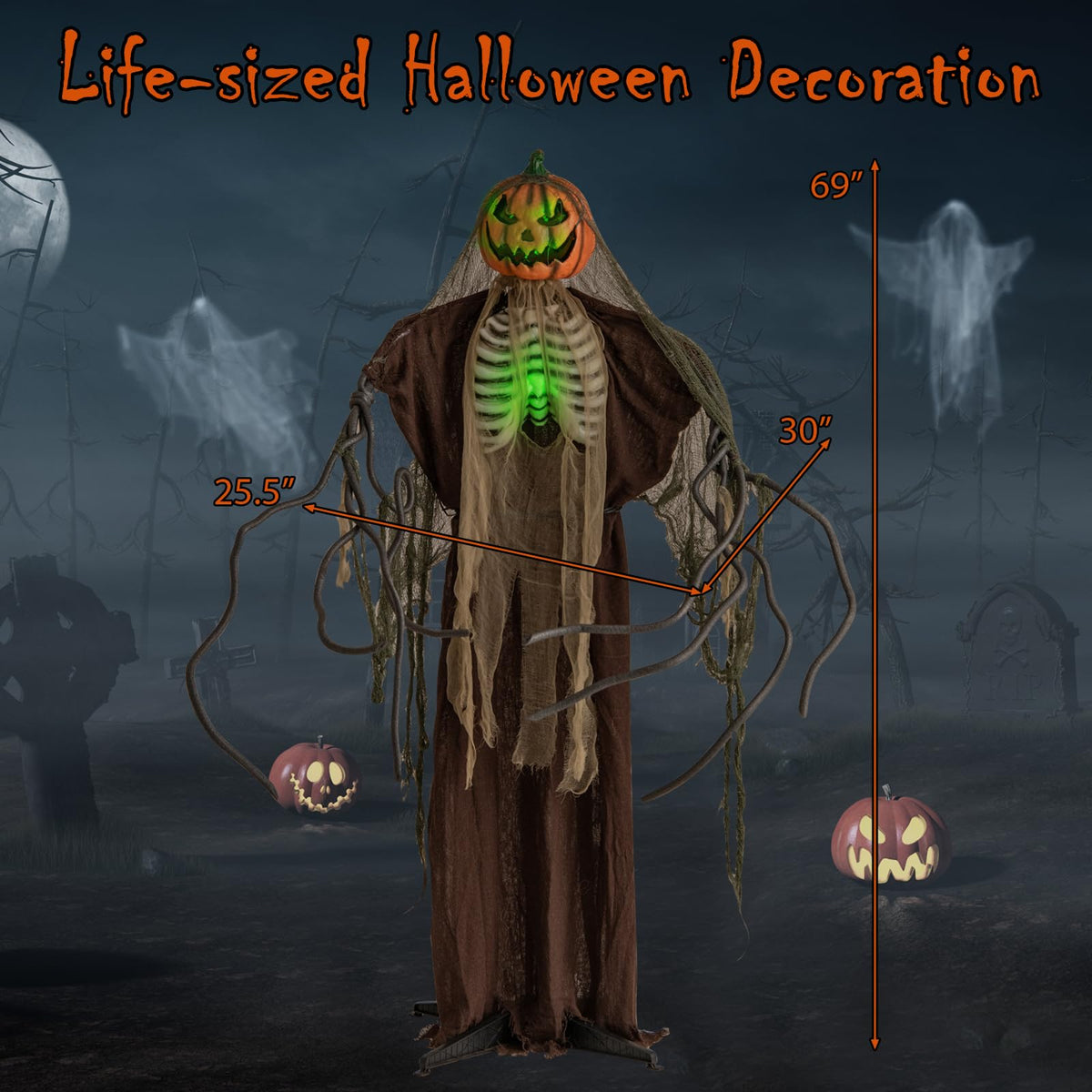 Lucktree 6 FT Halloween Light Up Talking Ghost Pumpkin with Glowing Ribs and Moving Head