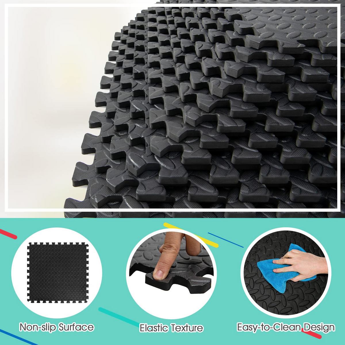 Lucktree 12 Tiles Exercise Flooring Mats with Border, Non-Slip EVA Foam Protective Mats