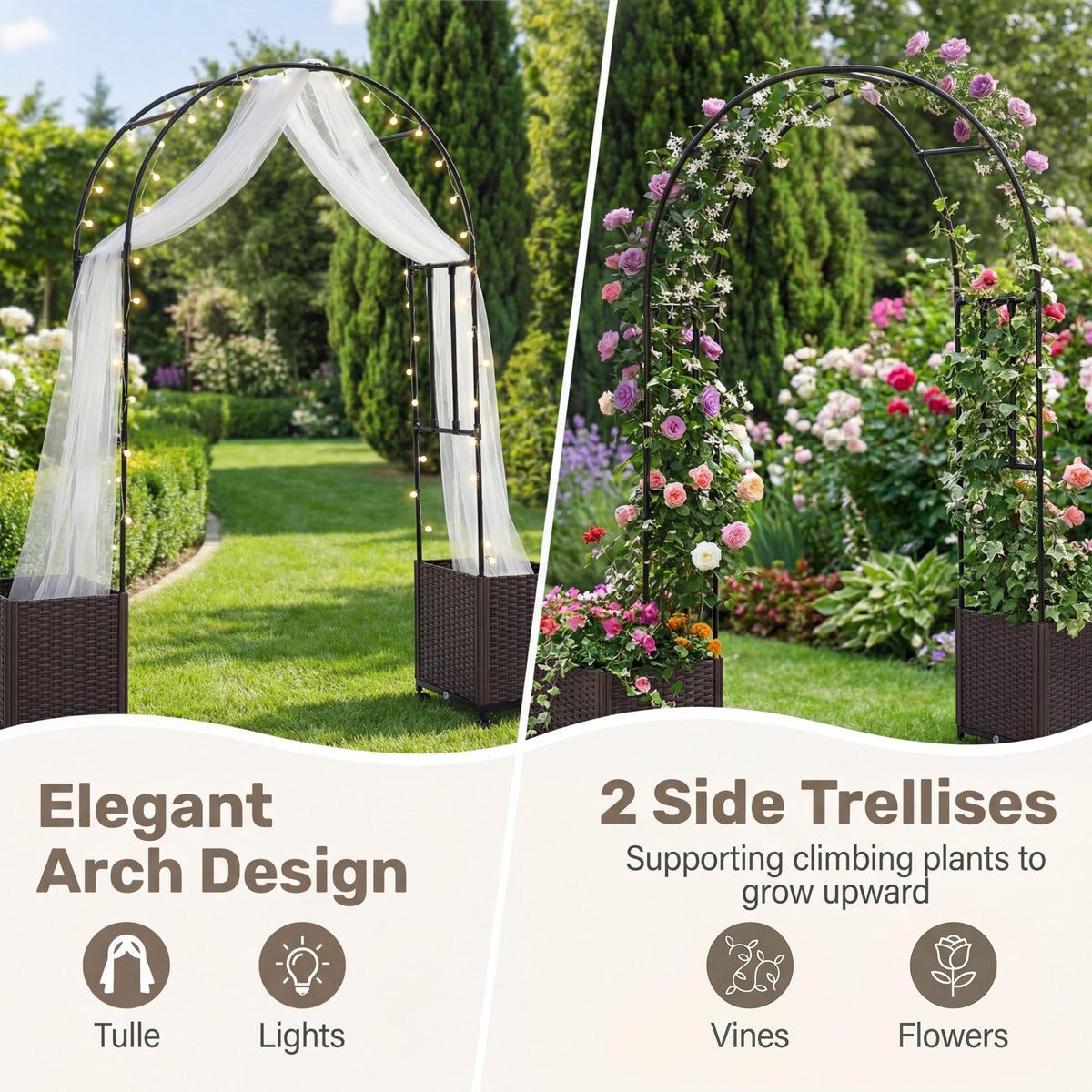 Lucktree Metal Garden Arch Trellis Arbor with 2 Self-Watering Planter Boxes
