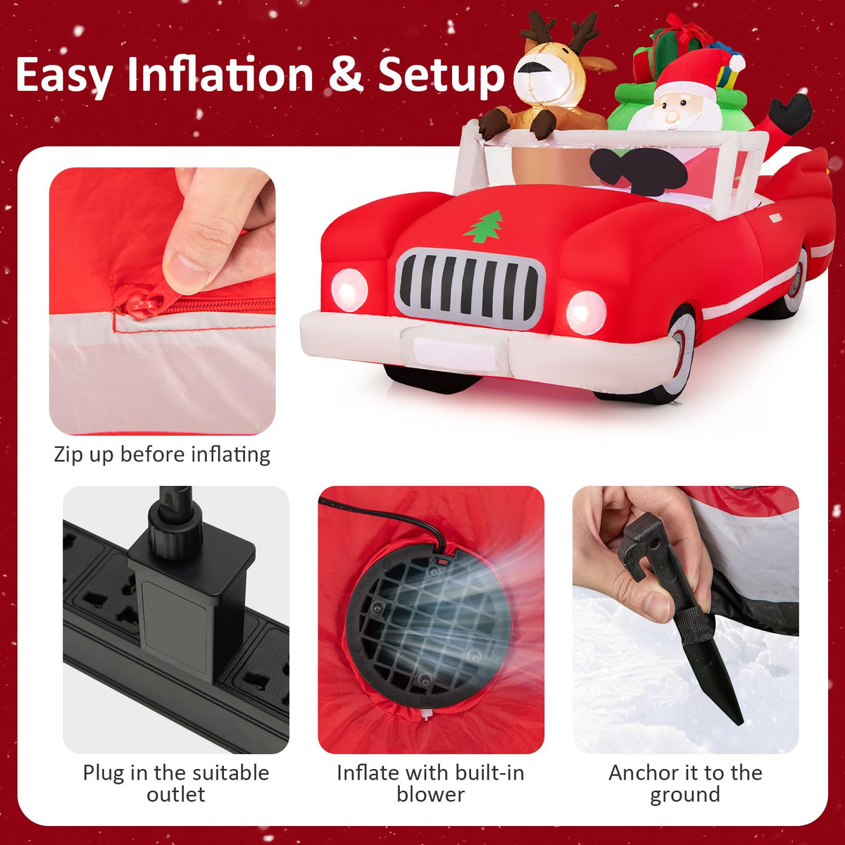 Lucktree 7.7 FT Long Lighted Xmas Inflatable Santa Claus & Reindeer Driving Red Car Gift Boxes
