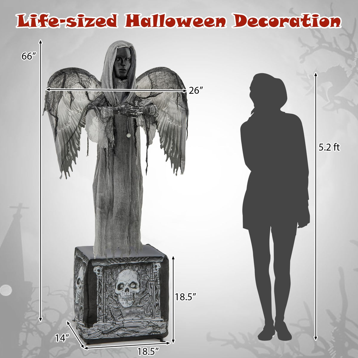 Lucktree 5.5 FT Halloween Animated Praying Angel Statue with Light Up Eyes & Shaking Wings