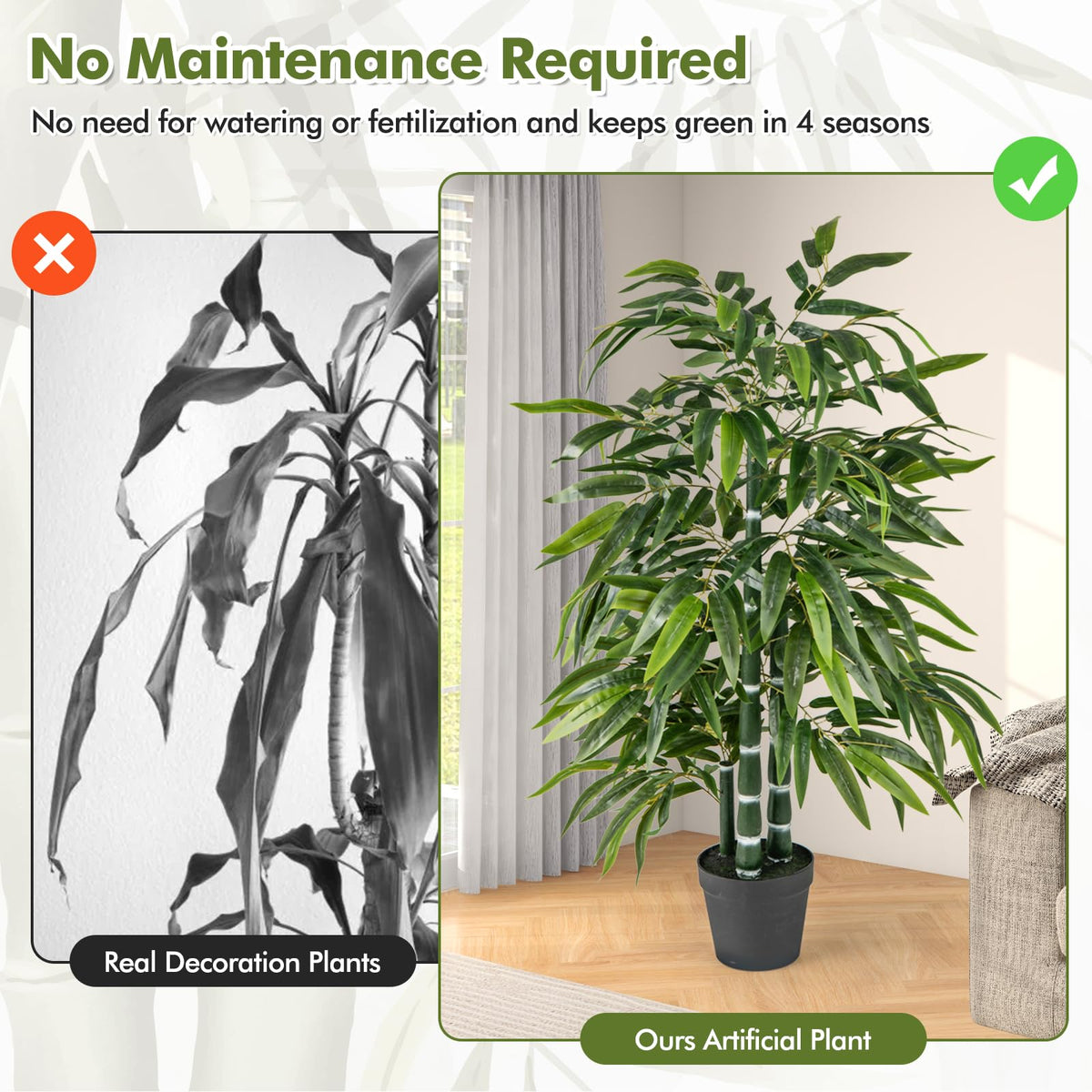 Lucktree Artificial Bamboo Tree, 50" Tall Set of 2 Fake Bamboo Plant with 3 PE Bamboo Trunk & Flush Leaves