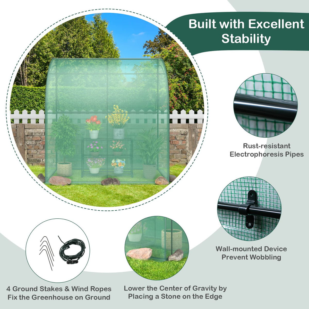 Lucktree Walk-in Lean-to Greenhouse - with 3-Tier Plant Stand, 7’x 3.5’x 7’ Green House, PE Grid Cover
