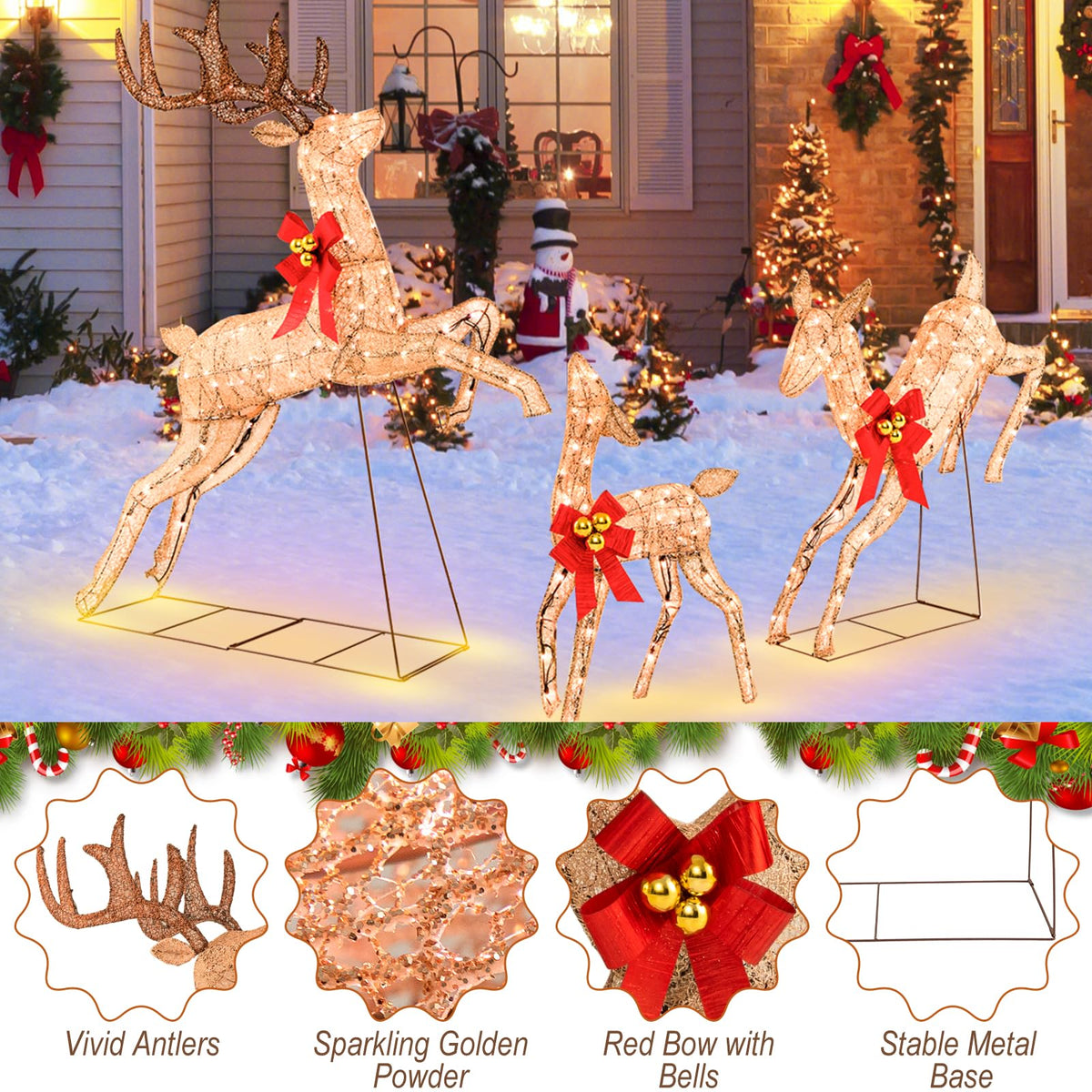 Lucktree 3 Pieces Light up Christmas Reindeers Pre-lit Glittering Reindeer Family Set