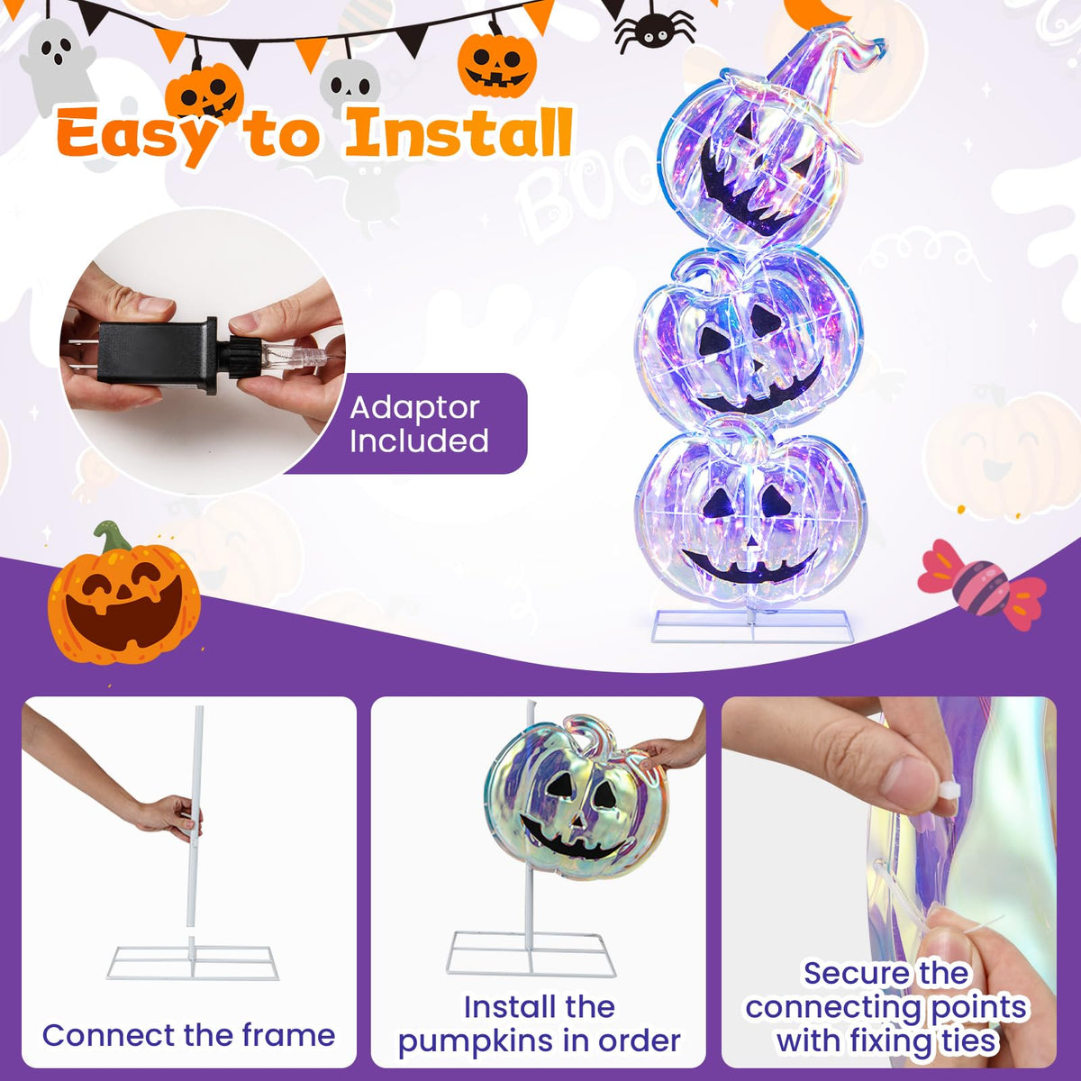 Lucktree 3.4 Ft Halloween Decorations, Light up Stacked Pumpkins with 150 LED Lights