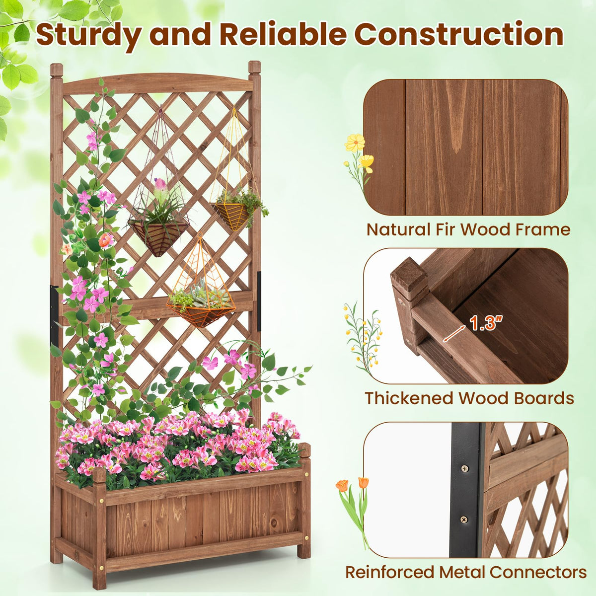 Lucktree 60” Wooden Planter Container with Drainage Holes Trellis