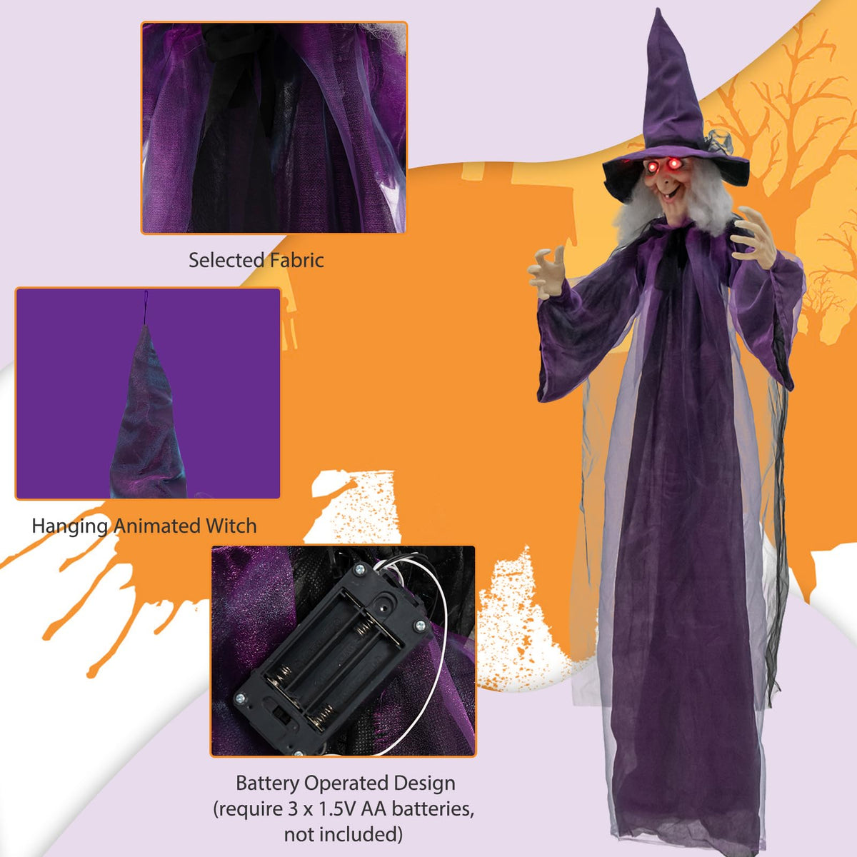 Lucktree 6FT Halloween Animatronic Witch, Hanging Halloween Decoration with Pre-Recorded Phrases