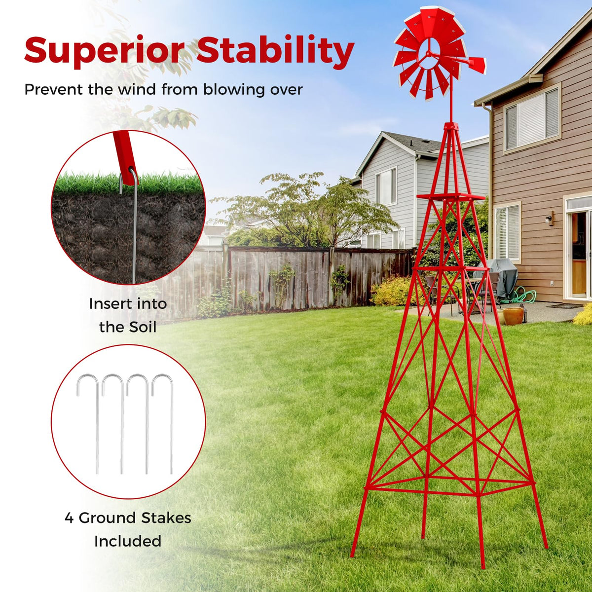 Lucktree 8.3FT Windmill Yard Garden Metal Ornamental Wind Mill Weather Vane Weather Resistant