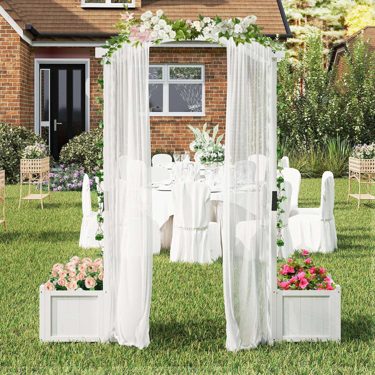 Lucktree Garden Arbor with Planter, Wooden Planter Arch with Trellis, Outdoor Arch for Climbing Plants
