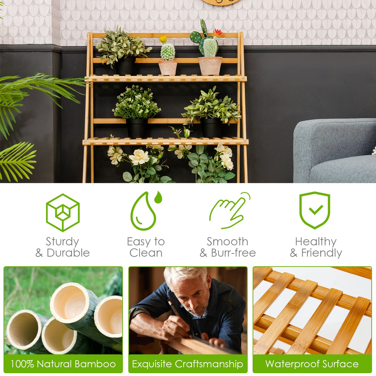 Lucktree 3 Tier Folding Storage Shelf, Bamboo Ladder Plant Stand