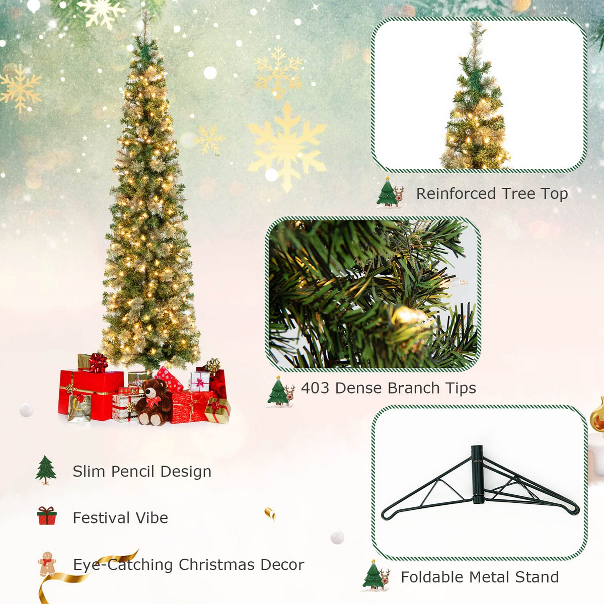 Lucktree 7ft Pre-Lit Half-Shape Christmas Tree, Artificial Xmas Tree W/ 403 Branch Tips - LucktreeUS