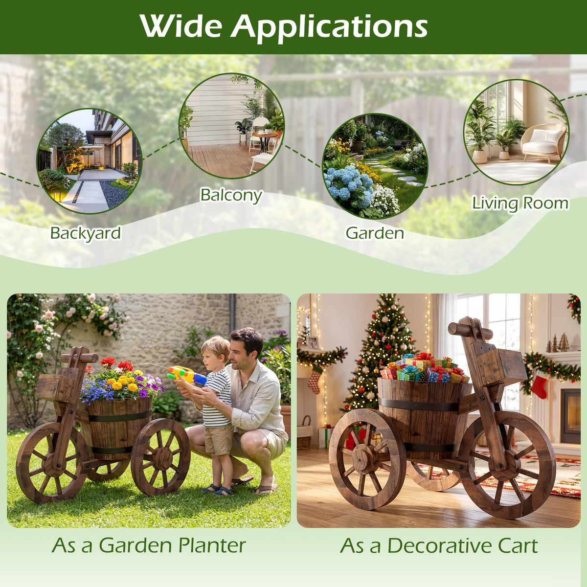 Lucktree Wooden Wagon Planter with Wheels for Patio Backyard Balcony