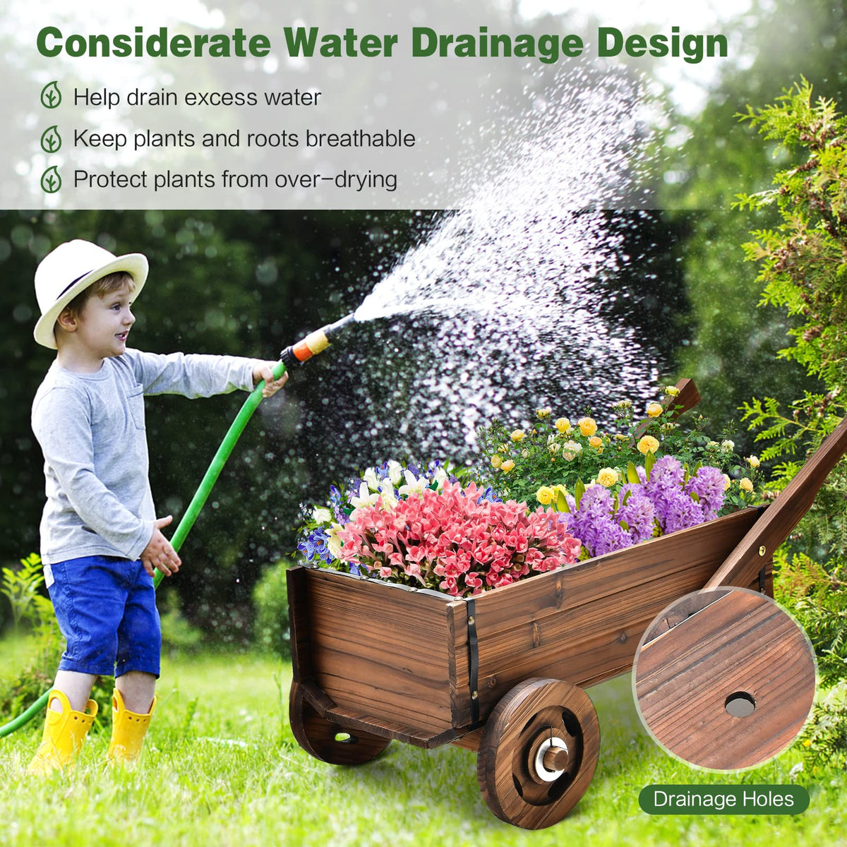 Lucktree Wooden Wagon Planter Box, Decorative Wagon Cart with Wheels, Handles