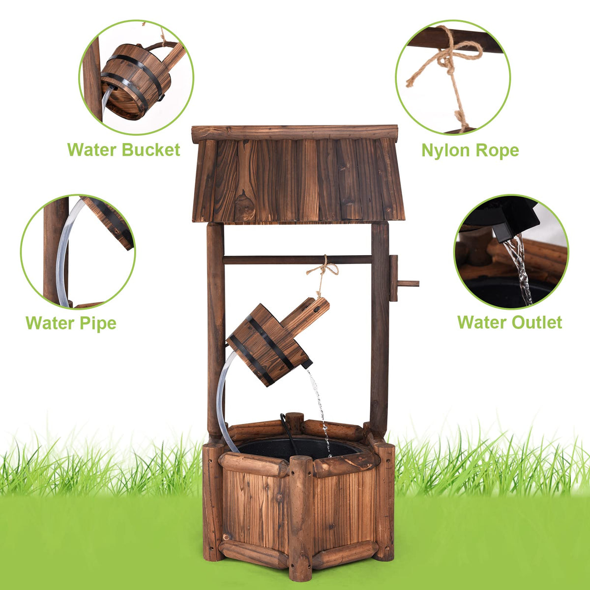 Lucktree Wishing Well Water Fountain Rustic Wooden Outdoor Garden Decorative Fountain Backyard w/ Electric Pump
