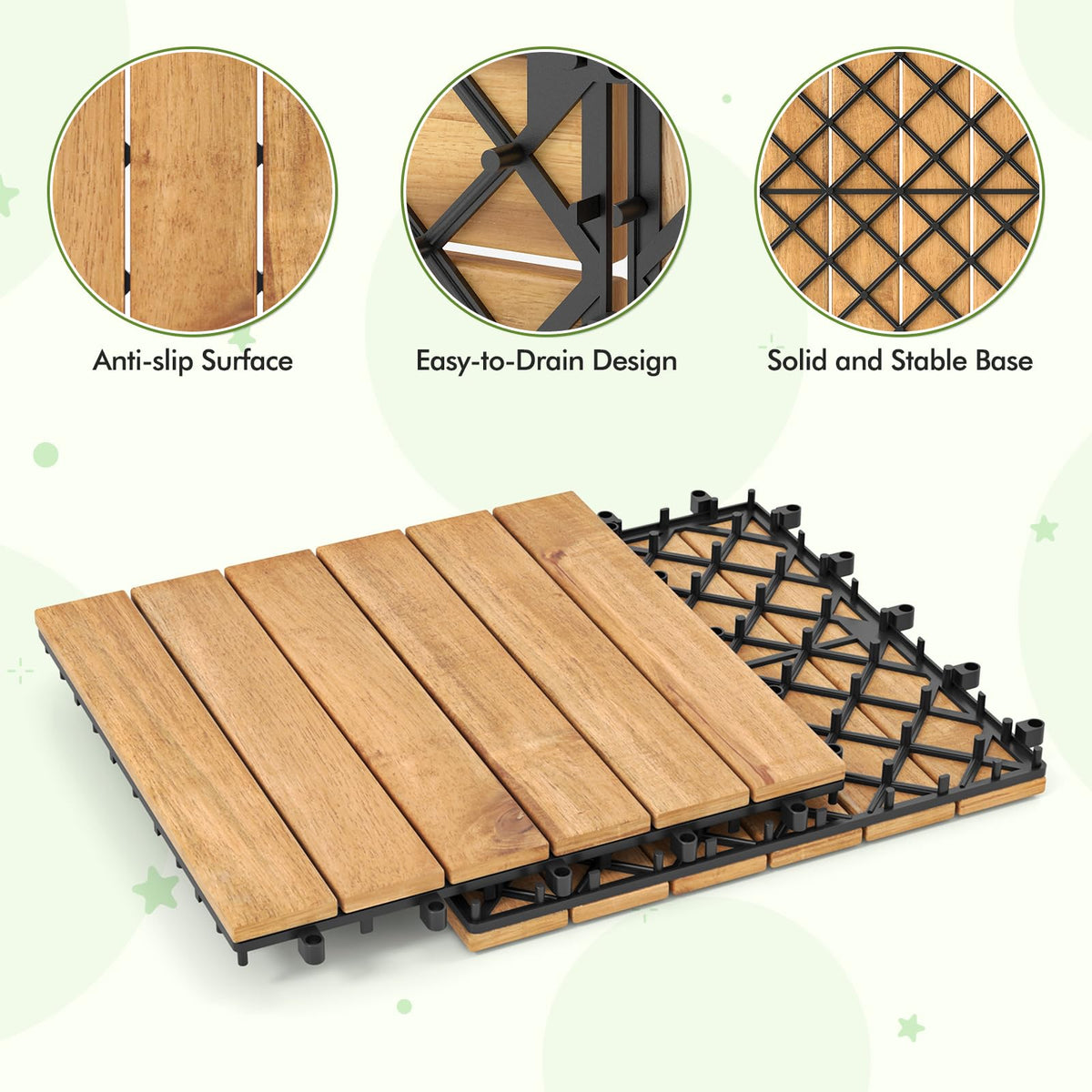 Lucktree 30 PCS Acacia Wood Interlocking Patio Deck Tiles