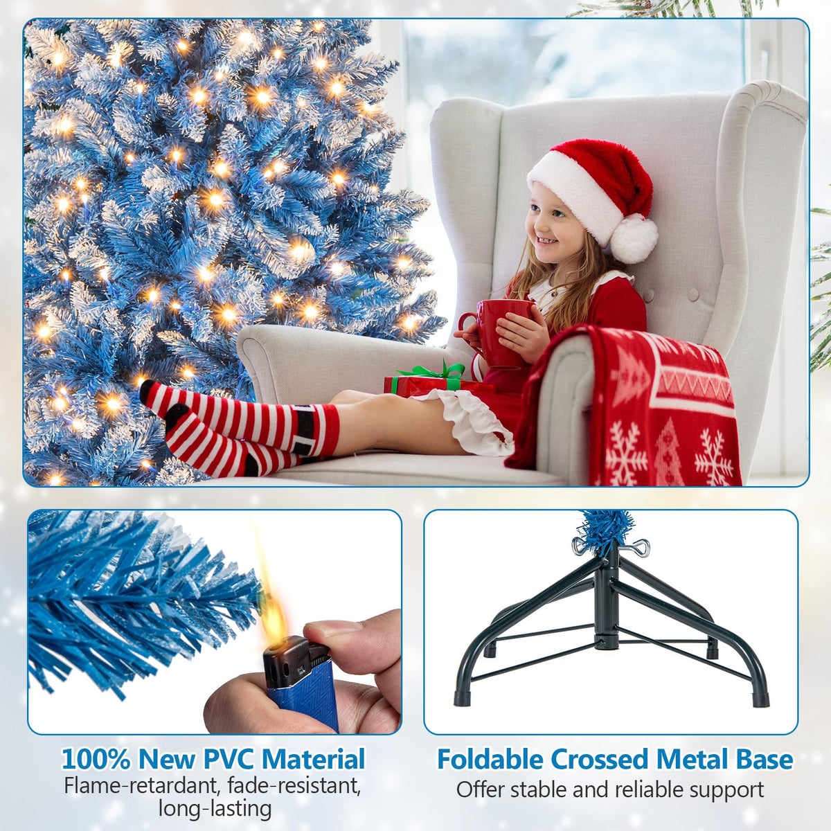 Lucktree Blue Hinged Xmas Tree with Frosted PVC Branch Tips & Warm White LED Lights