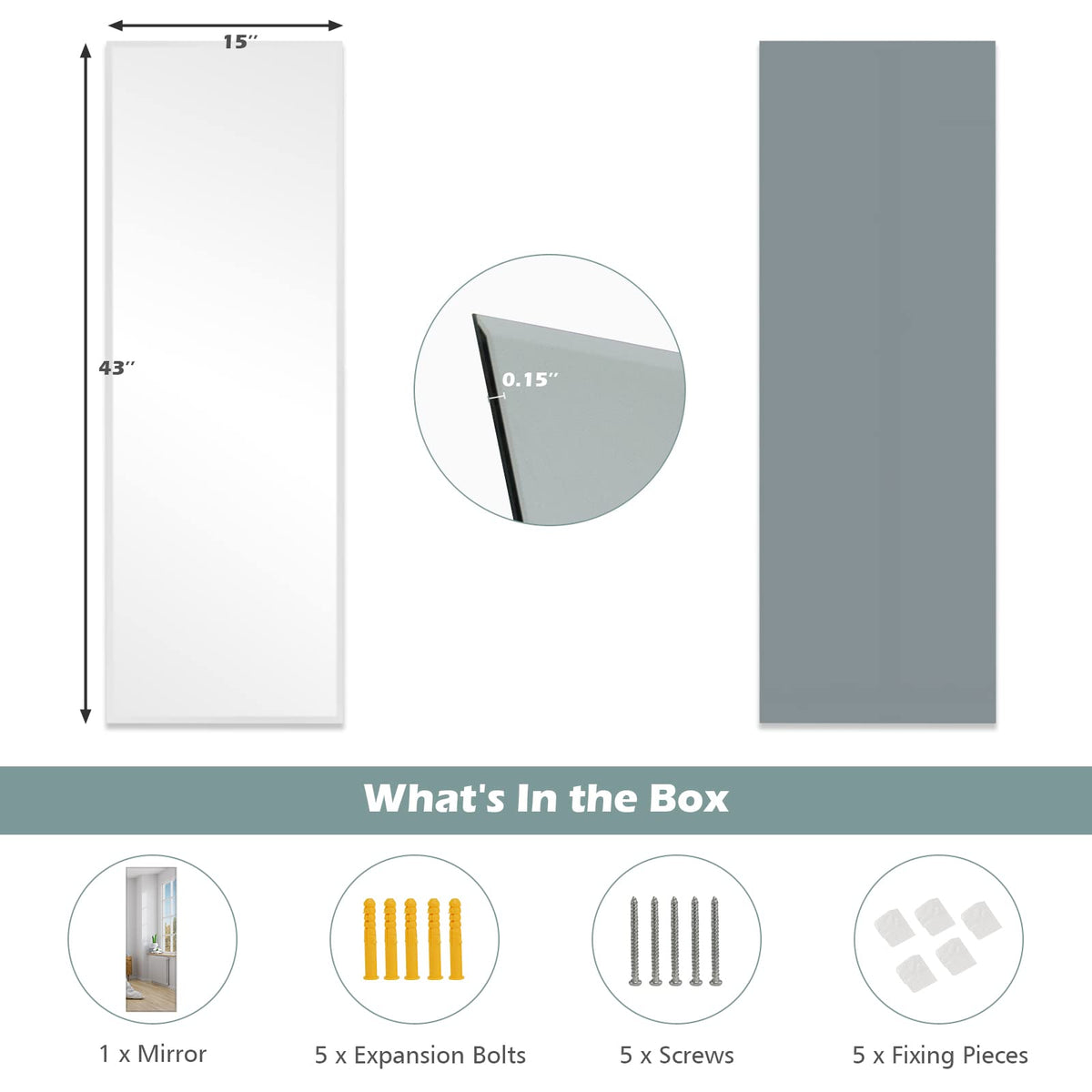 Lucktree Full Length Mirror Wall Mounted , 43 x 15 Inch Rectangle Frameless Mirror w/Beveled Edge, Wall Dressing Mirror