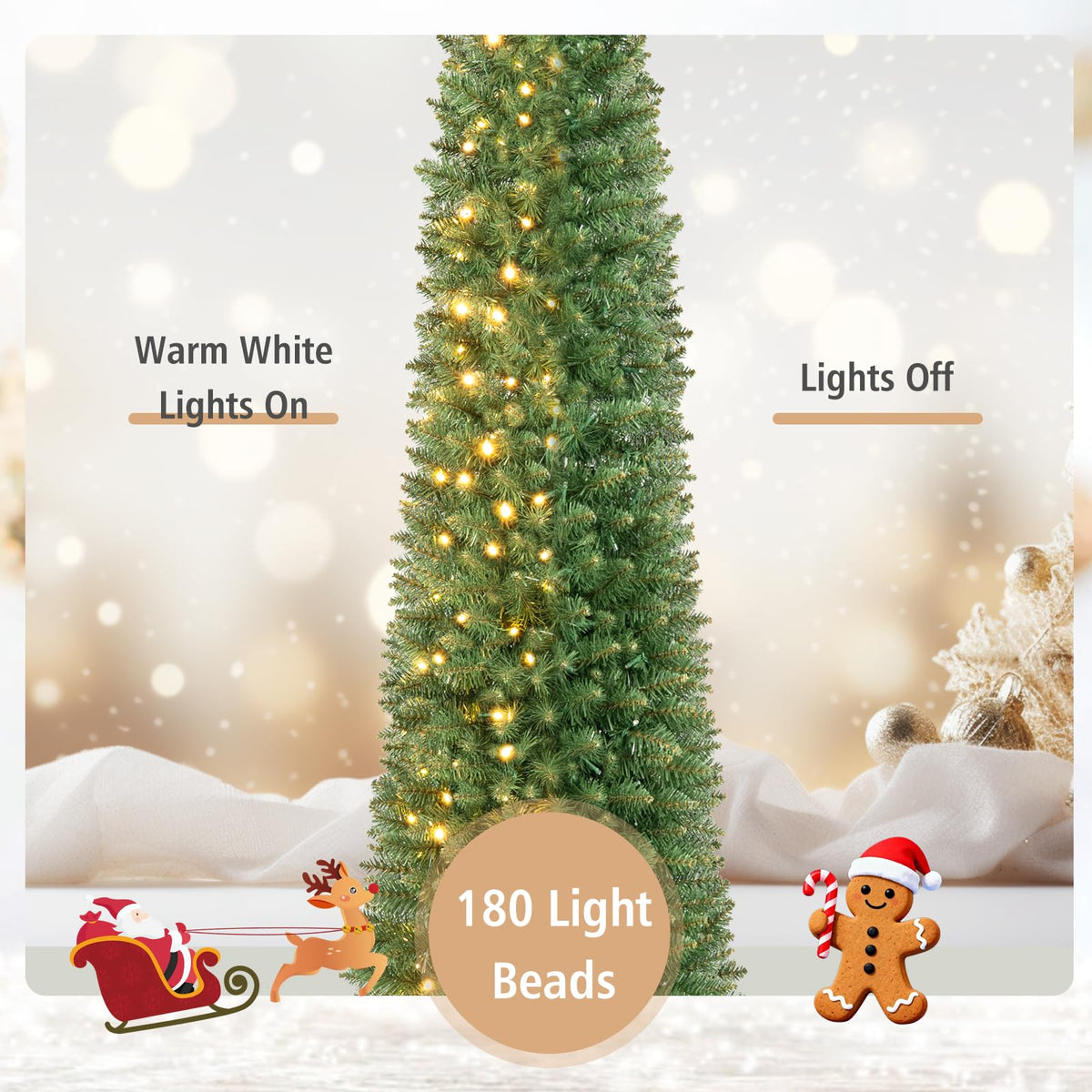 5ft/6ft/7ft/8ft/9ft/ Pre-Lit Pencil Christmas Tree, Slim Artificial Xmas Tree