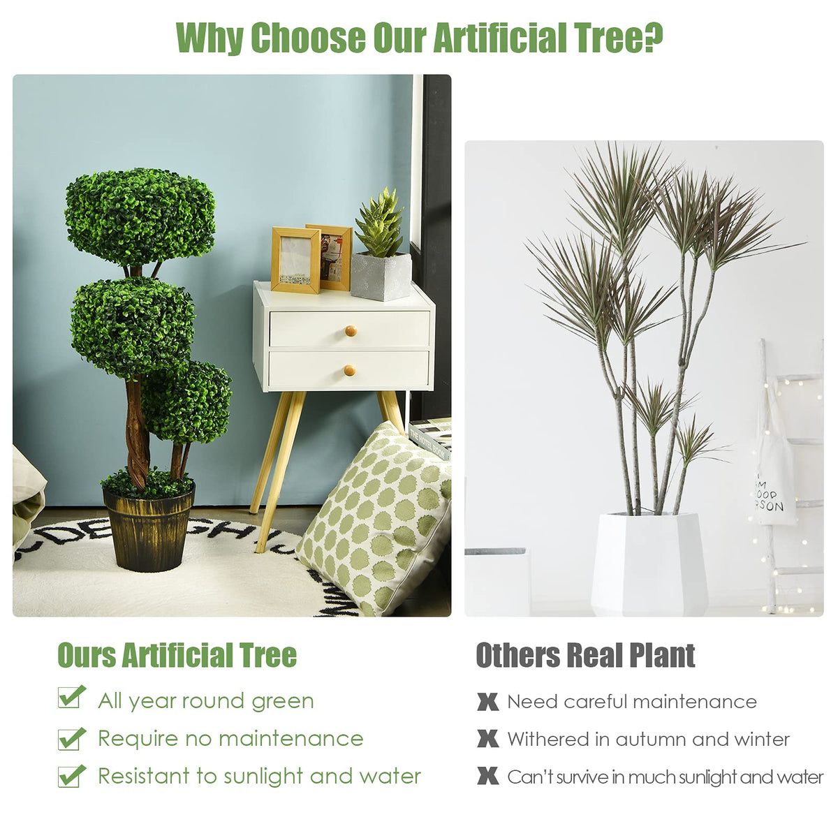 36' Artificial Triple Square Shaped Boxwood Topiary Tree W/ Cement-Filled Plastic Pot - LucktreeUS