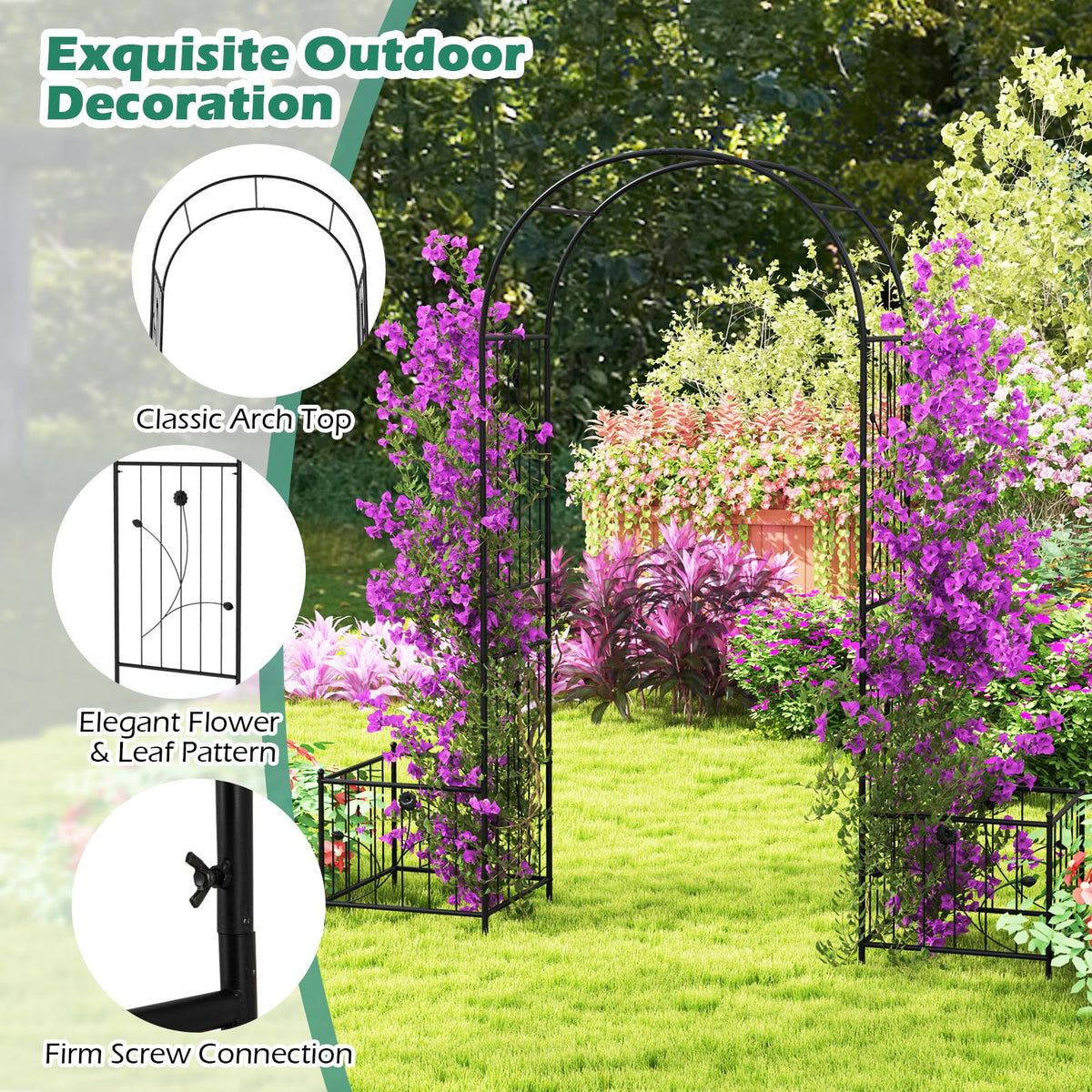 Lucktree Garden Arch Trellis with Planters, 86'' Metal Arbor Pergola for Climbing Plants Rose Clematis Vines
