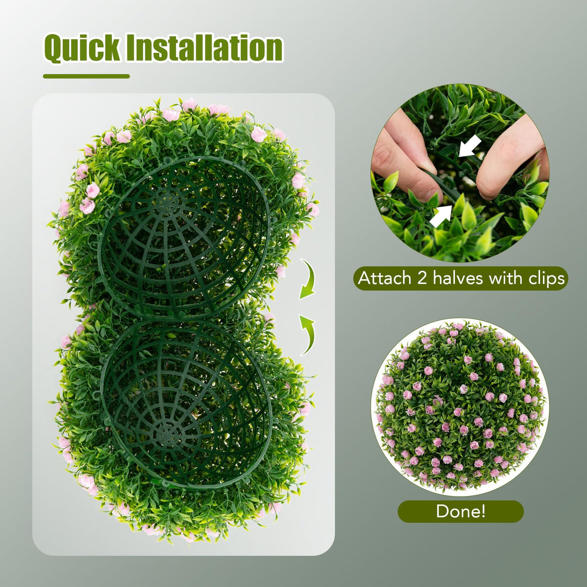 Lucktree 17.5 Inch Topiary Balls Artificial Outdoor Set of 2, Faux Greenery Balls with Pink Flowers