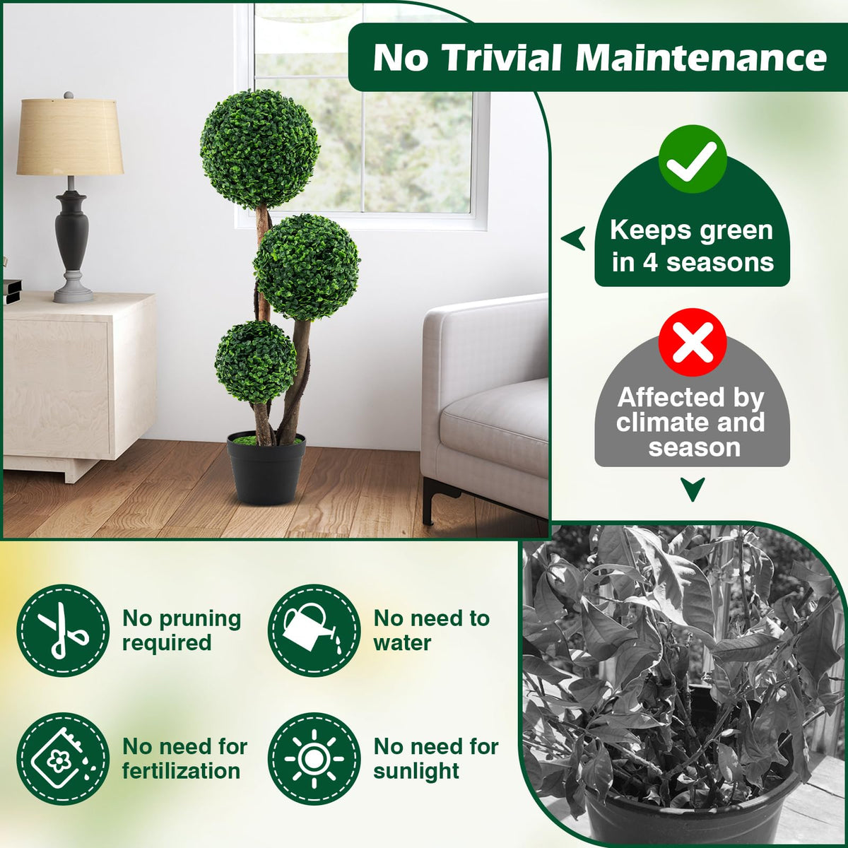 Lucktree 3ft Artificial Boxwood Topiary Ball Tree, Faux Potted Plants with Solid Wood Trunks