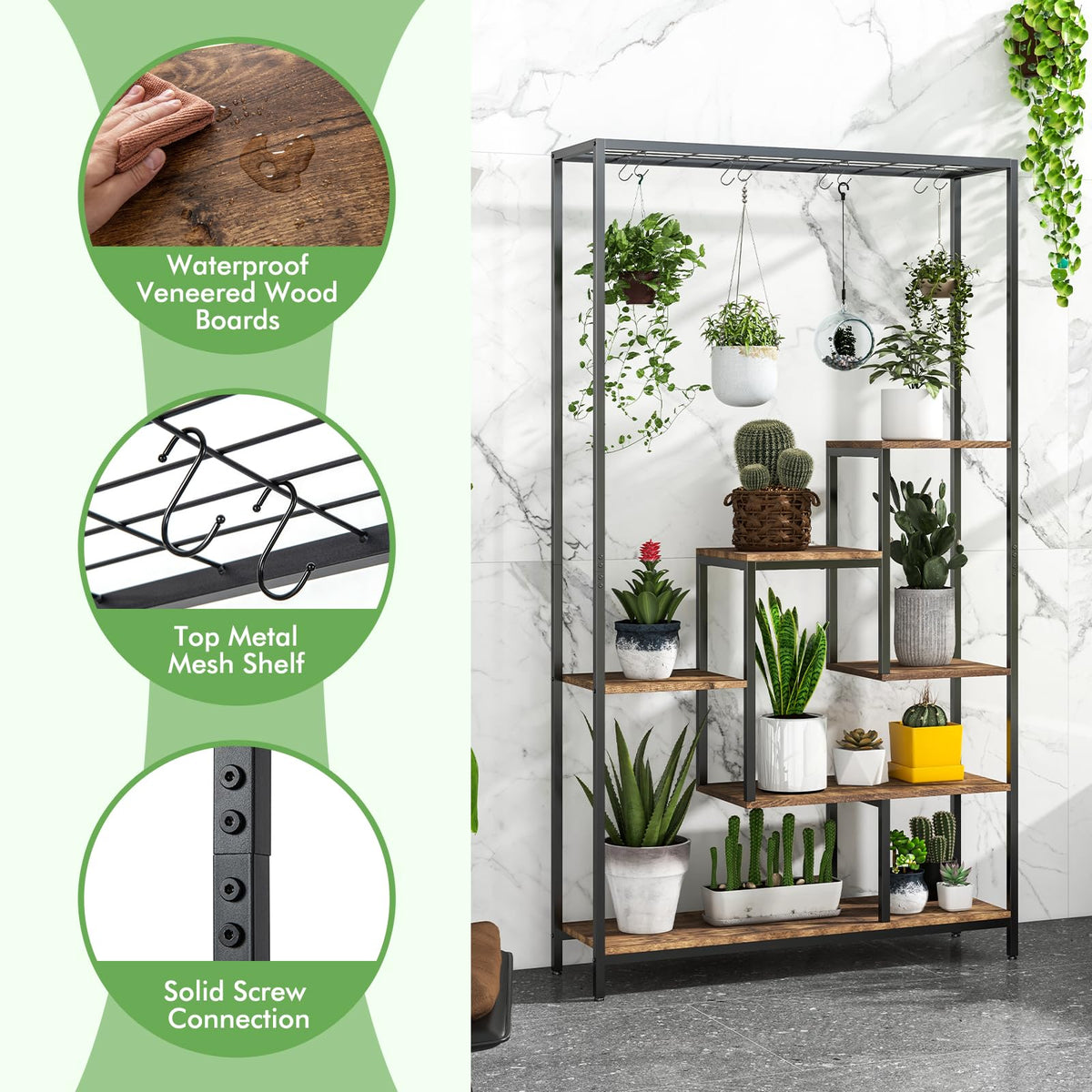 Lucktree 71" Tall Plant Stand Indoor, 6-Tier Metal Plant Shelf with 10 Hanging Hooks
