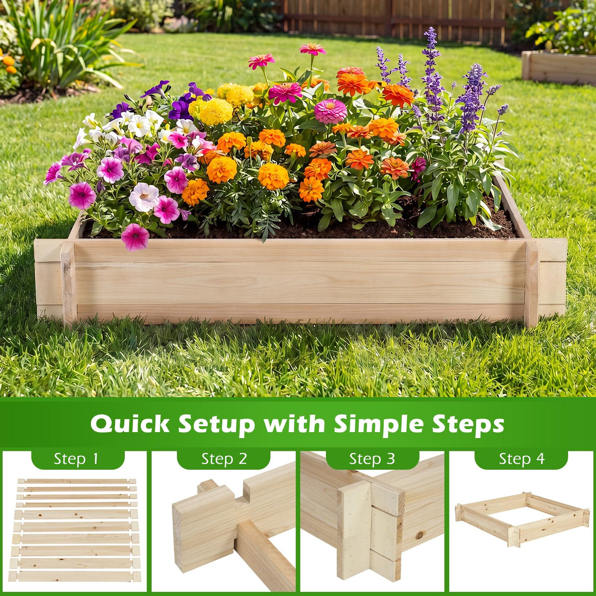Lucktree 40" x 40" Square Fir Wood Planter Box with Open-Ended Base for Vegetables Flowers Herbs