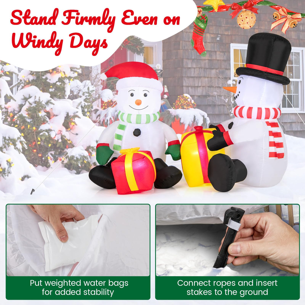Lucktree 5FT Christmas Inflatables, LED Lighted Xmas Double Inflatable Snowmen Holding Gift Boxes