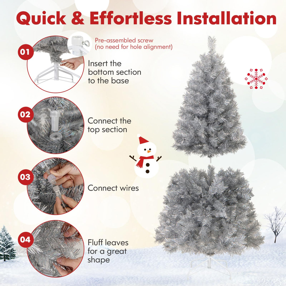 Lucktree 5ft / 6ft / 7 ft Pre-Lit Silver Tinsel Christmas Tree with Warm White LED Lights