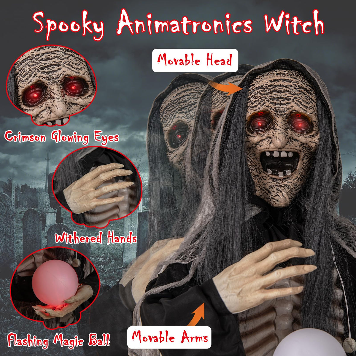 Lucktree 6 FT Halloween Animatronics Standing Witch, Talking Animated Wicked Witch with Light Up Eyes & Magical Ball
