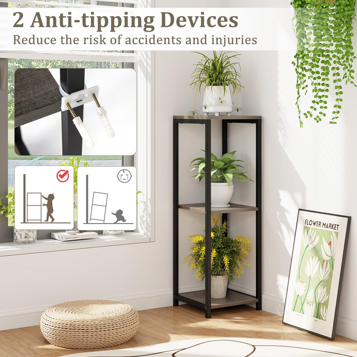 Lucktree 3 Tier Tall Plant Stand Indoor, 36 Inch Corner Plant Holder with Metal Frame