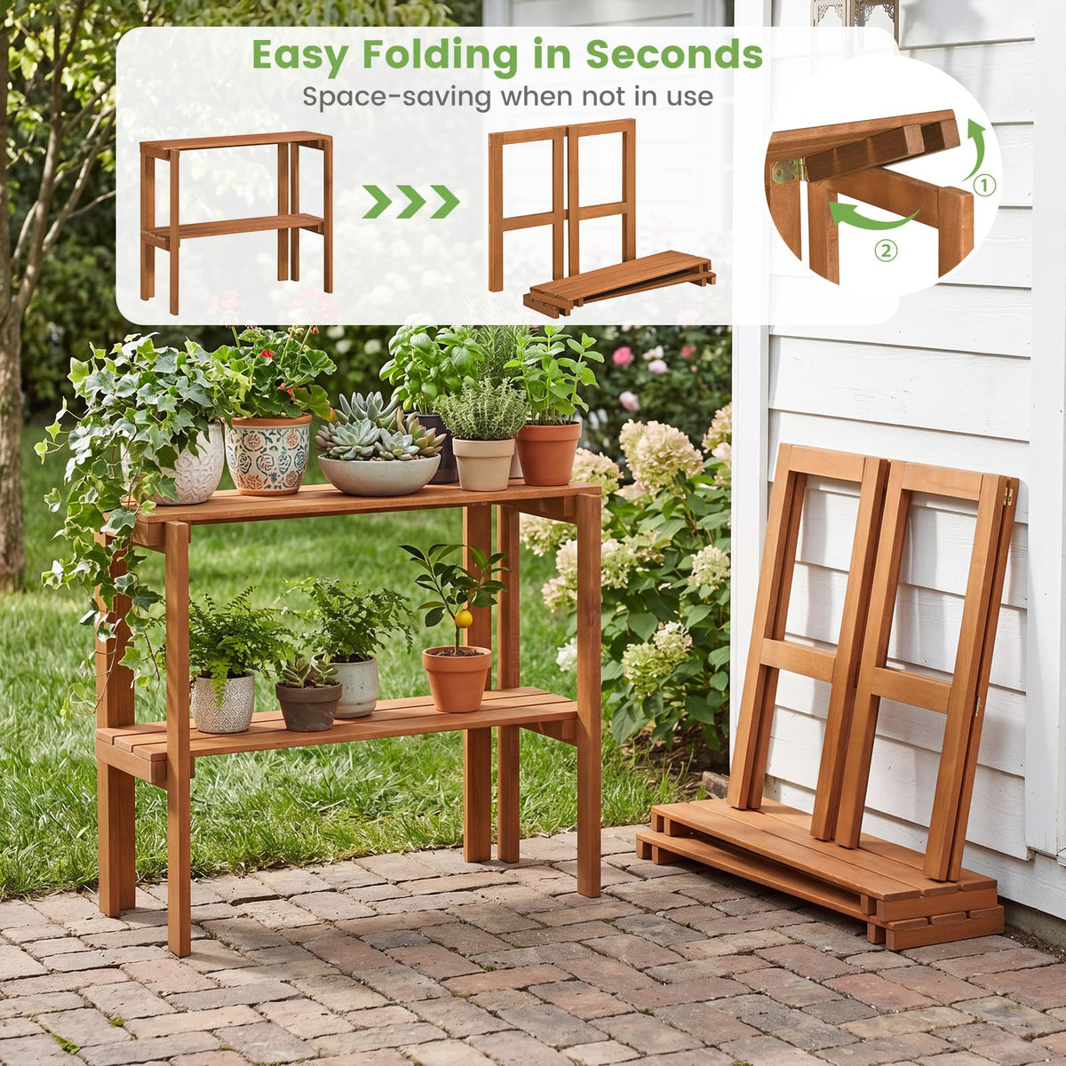 Lucktree 2-Tier Solid Wood Foldable Plant Shelf