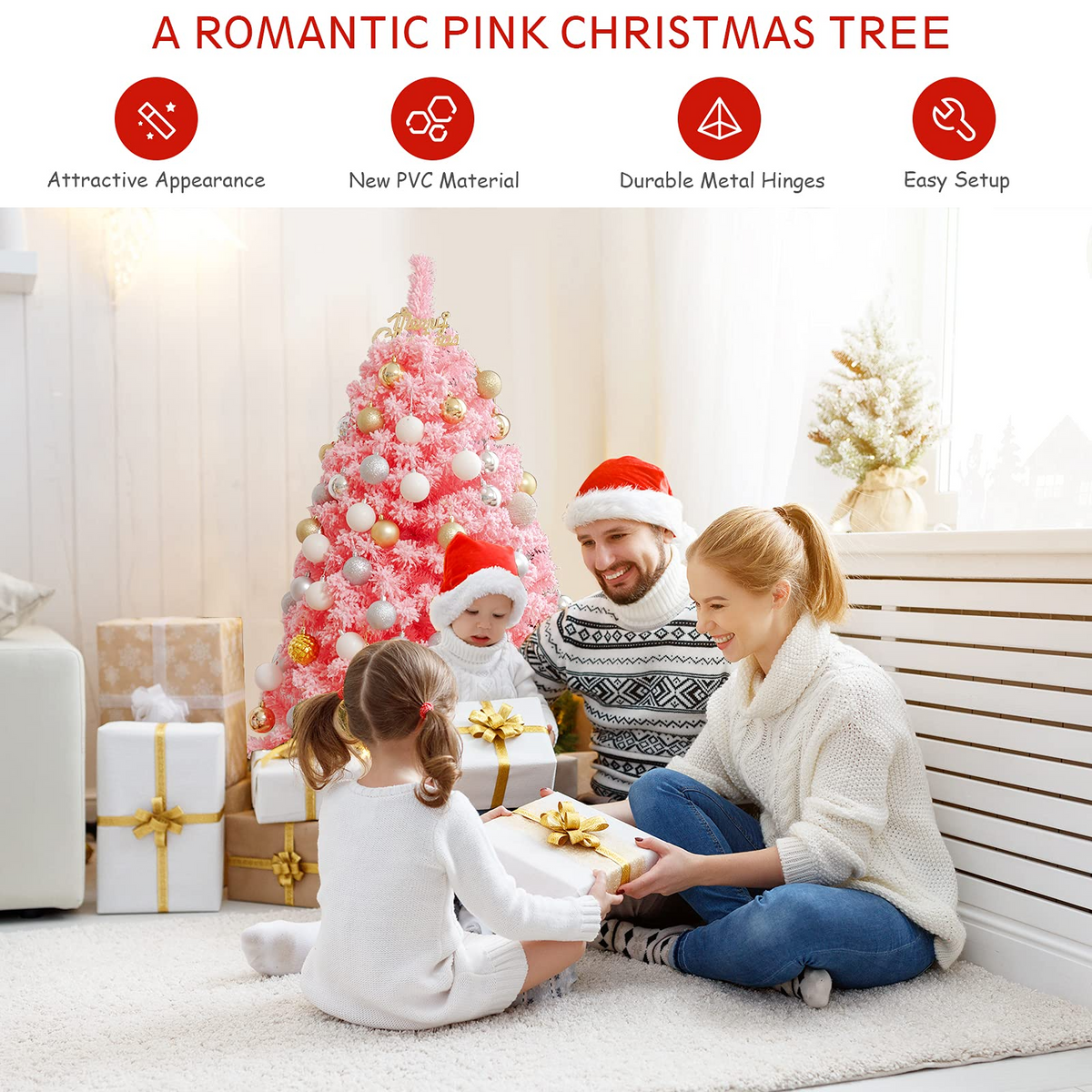 Lucktree 4.5ft Pink Artificial Christmas Tree, Unlit Hinged Snow Flocked Xmas Tree w/ 348 PVC Branch Tips & Metal Stand - LucktreeUS