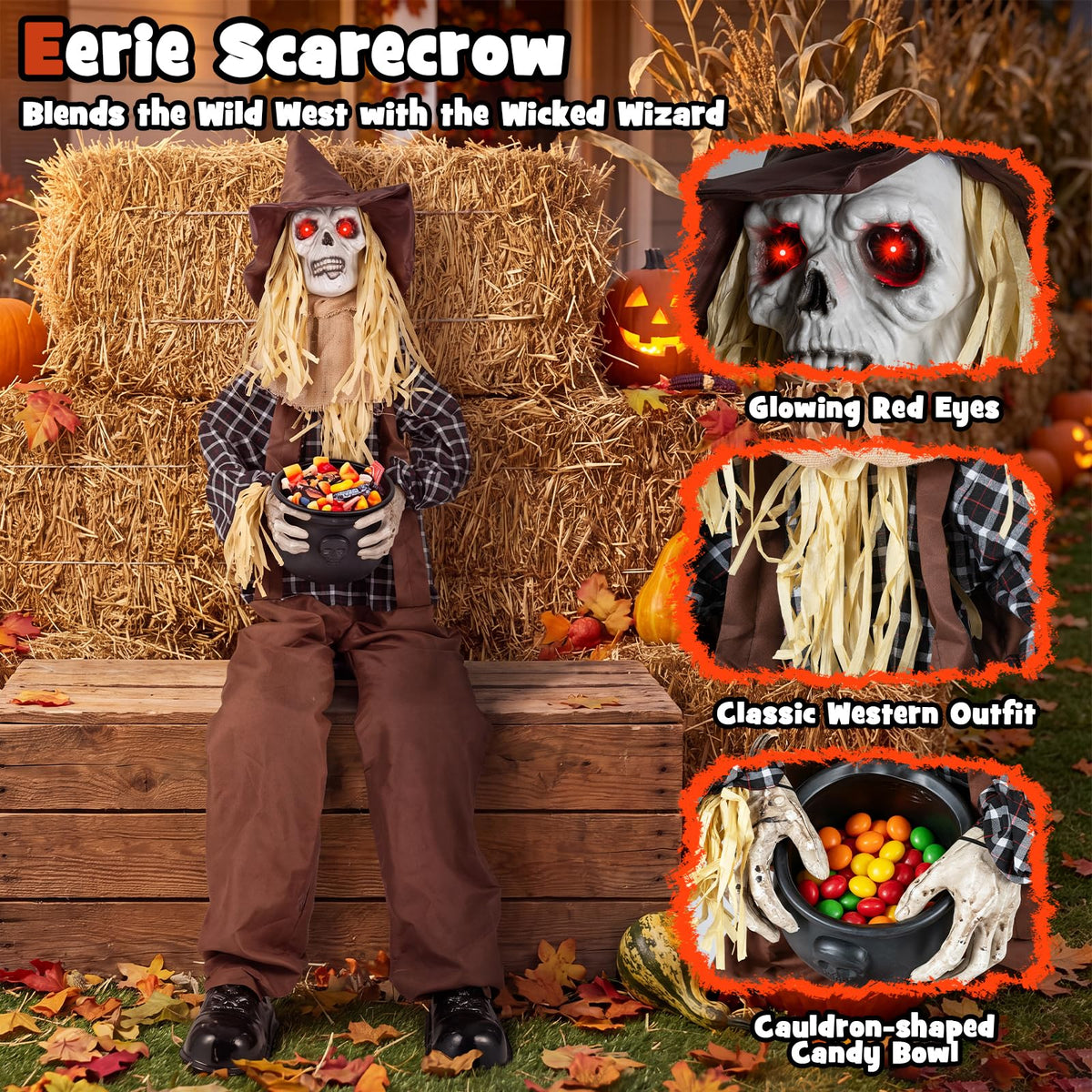 Lucktree 4.4 FT Animated Halloween Sitting Scary Scarecrow Decoration