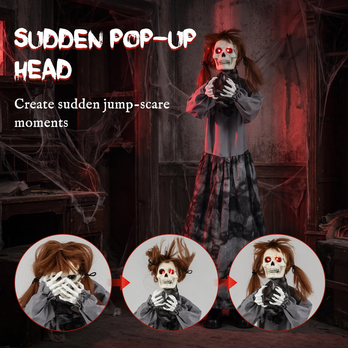 Lucktree 4 FT Halloween Animatronic Standing Skeleton Girl with Pop Up Head