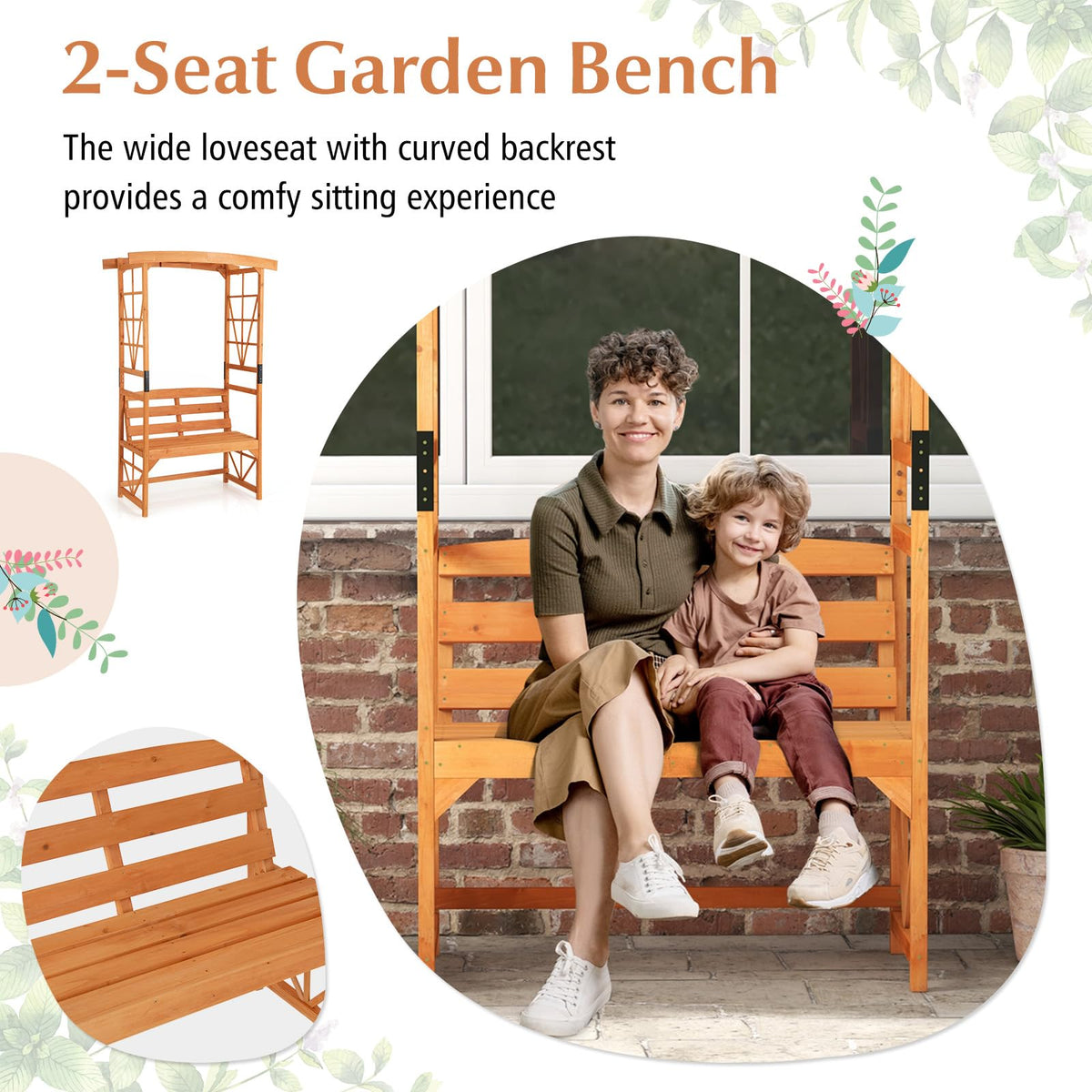Lucktree Garden Arbor with Bench - Wooden Garden Arch Trellis for Climbing Plants Vines, 2-Person Outdoor Bench