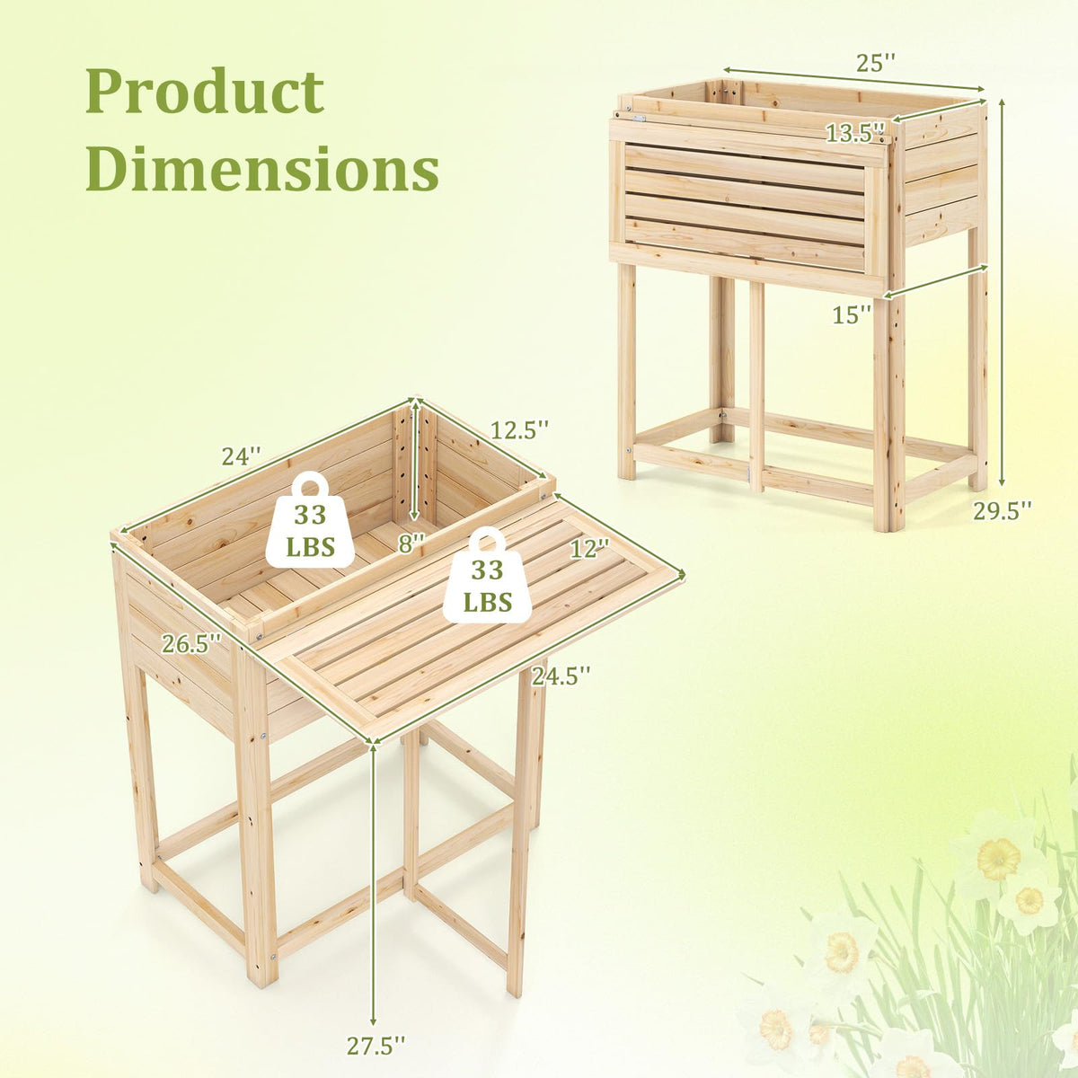 Lucktree Wood Raised Garden Bed w/Folding Drop-Leaf Potting Table