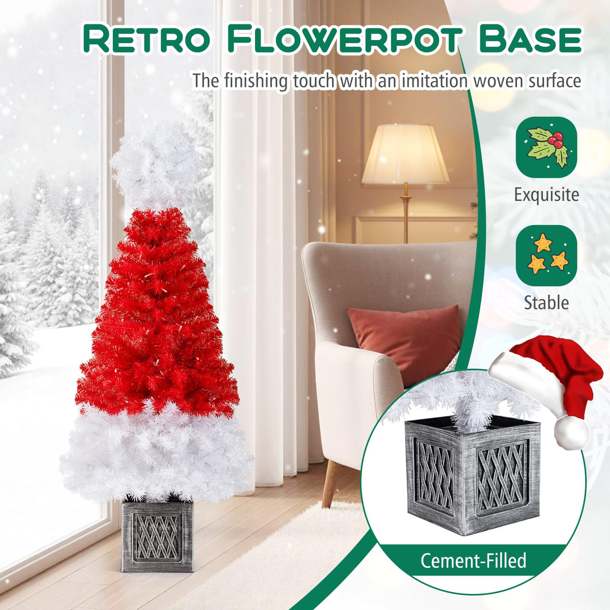 Lucktree 4 FT Pre-Lit Christmas Tree for Entrances, Artificial Potted Santa Hat Xmas Tree with 300 Branch Tips