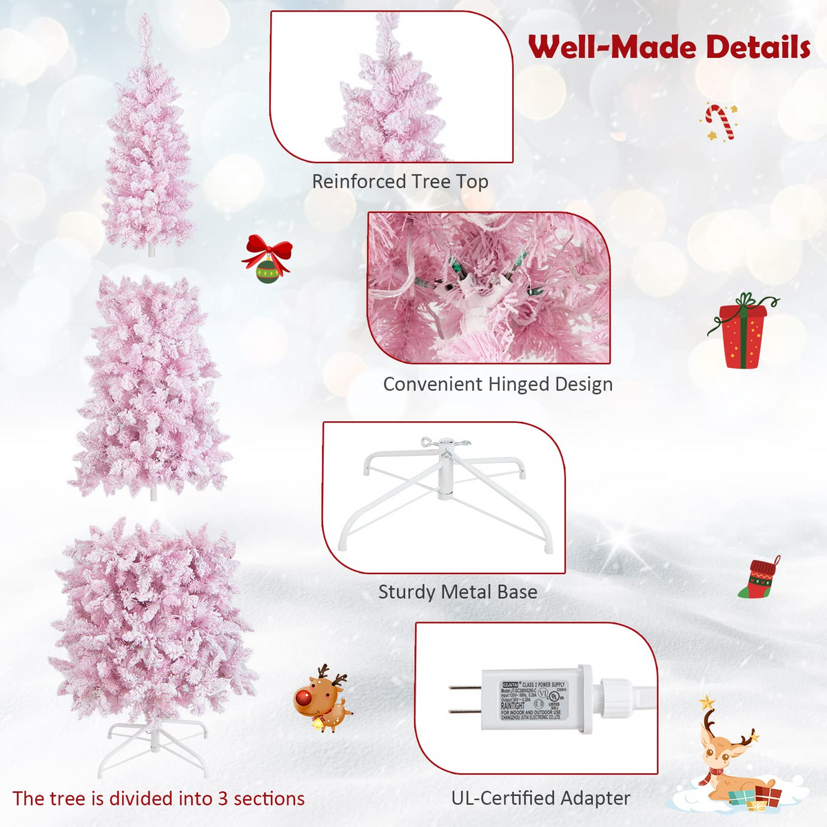 Lucktree 7ft Pre-Lit Pencil Christmas Tree, Snow Flocked Artificial Slim Tree with 800 Branch Tips - LucktreeUS