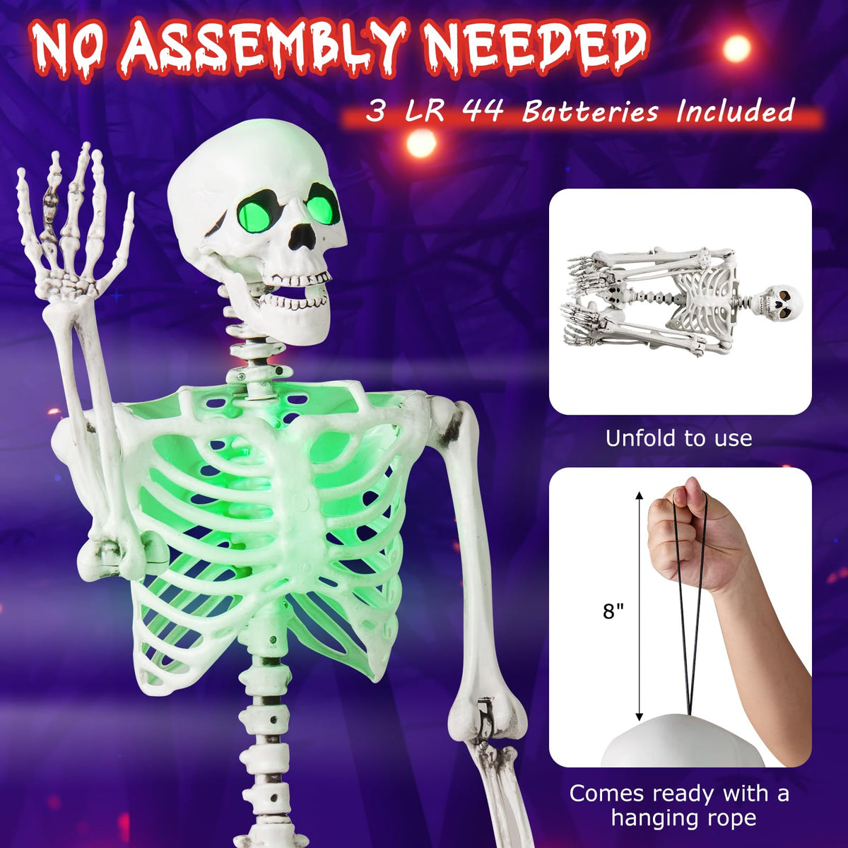 Lucktree 63" Life-Size Posable Skeleton with Green LED Lights Halloween Lighted Skeleton Decoration