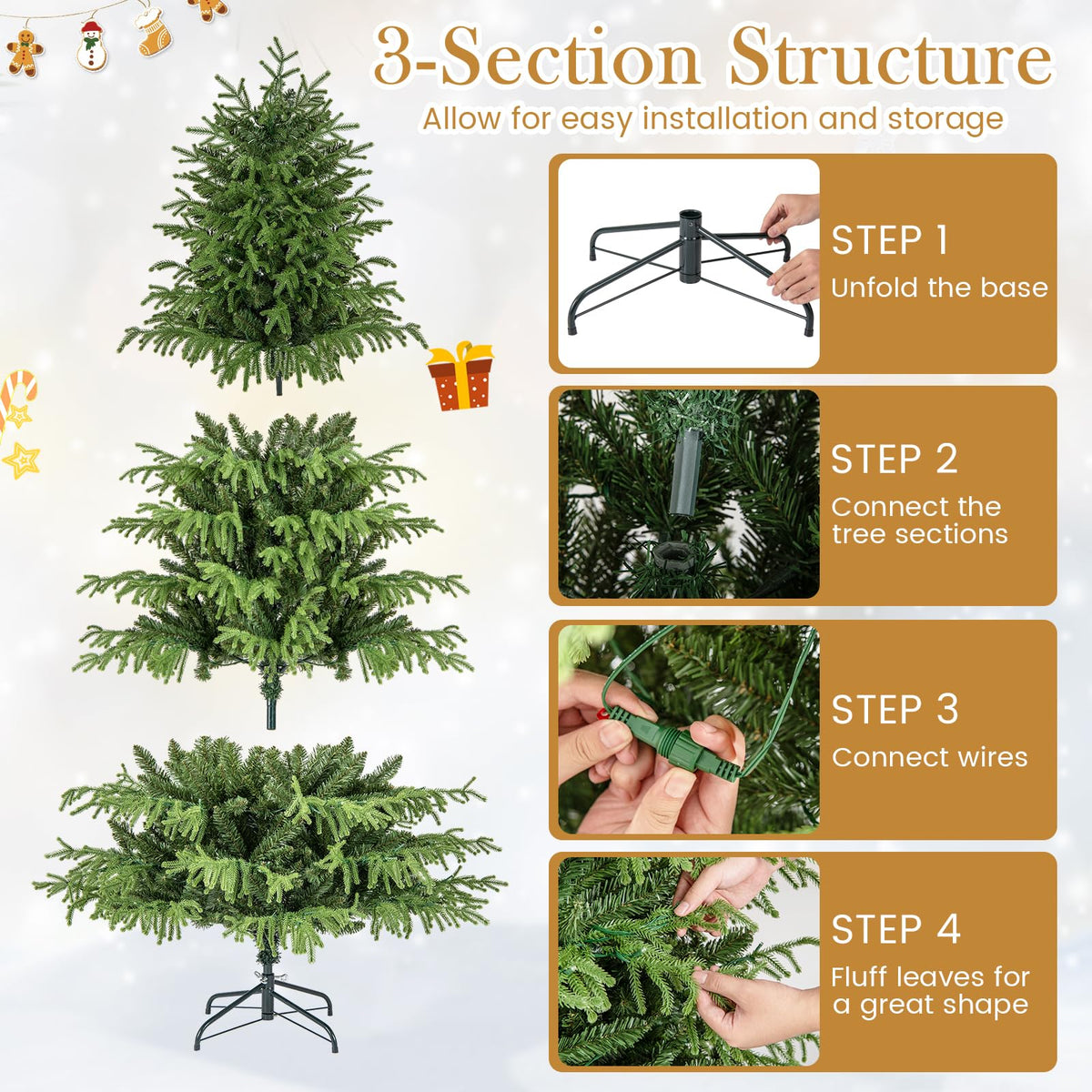 Lucktree Pre-Lit Artificial Christmas Tree with PVC & Soft TPE Branch Tips & Foldable Metal Stand