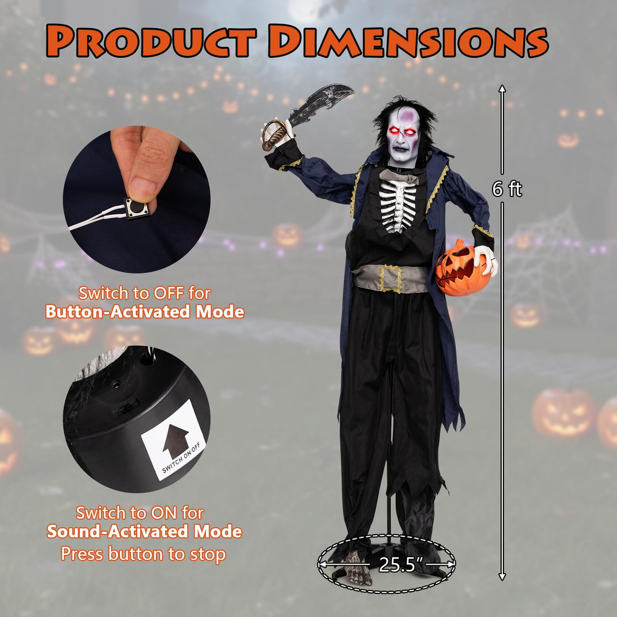 6 FT Animated Halloween Vampire Pirate Decoration with Pop-up Head