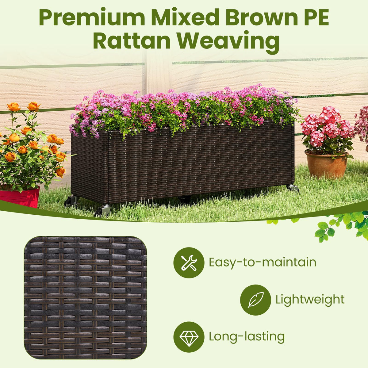 Lucktree 38”x12”x14" Wicker Raised Garden Bed with Wheels