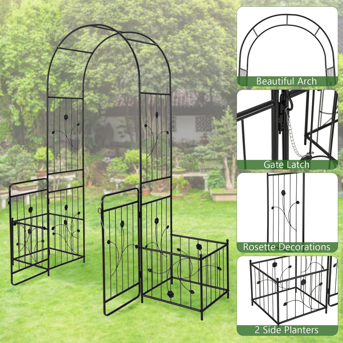 Lucktree Garden Arch with Planter - 87 inch Metal Garden Arbor with Gate