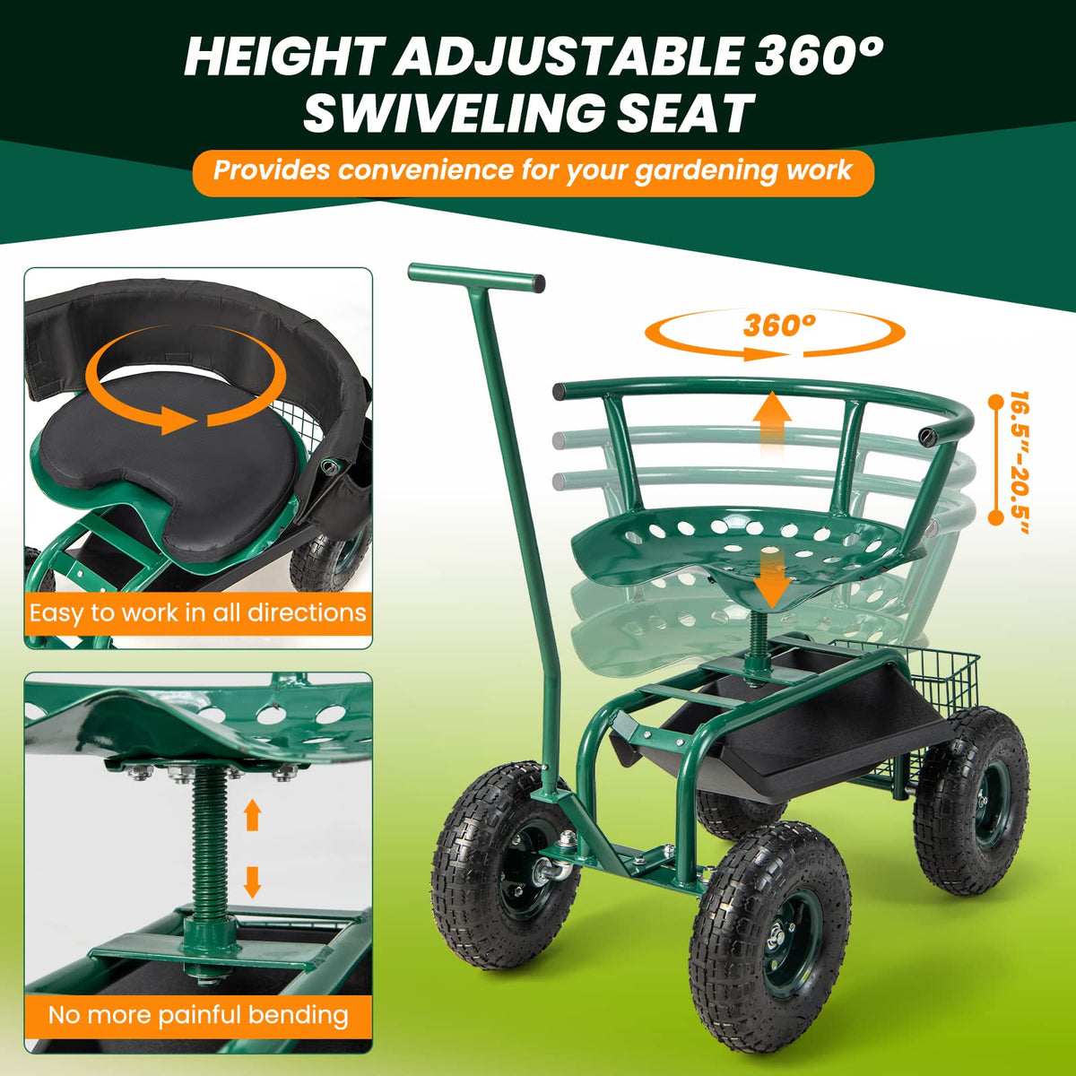 Lucktree Garden Cart, Rolling Workseat with 4 Wheels, Tool Tray, Removable Cushion, Storage Basket