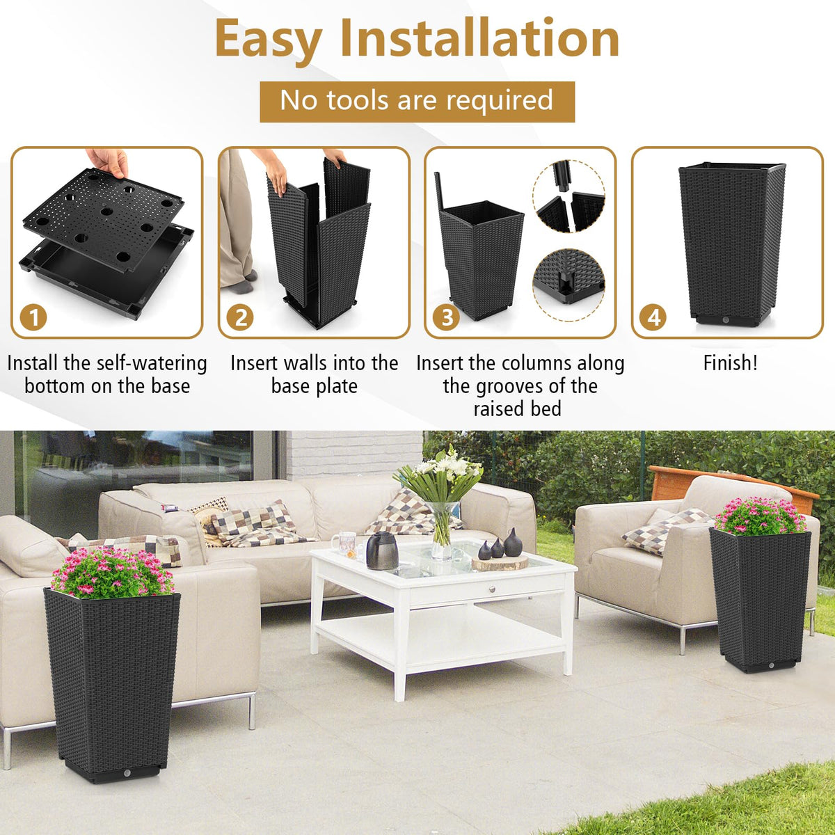 Lucktree Outdoor Wicker Flower Pot Set of 2, 22.5” Tall Planters with Drainage Hole, Self-Watering Tray
